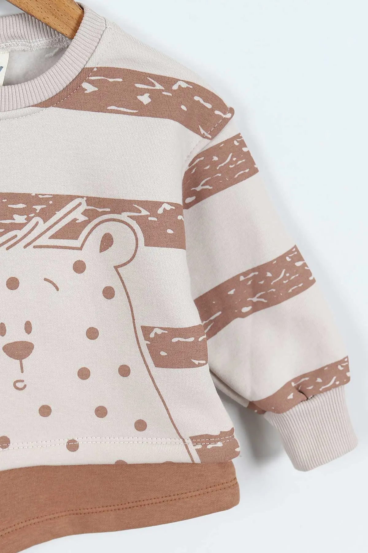 Kahve (0-4 Yaş) Çizgili Hayvan Baskılı 3 İp Şardonlu Erkek Çocuk Sweatshirt 417552