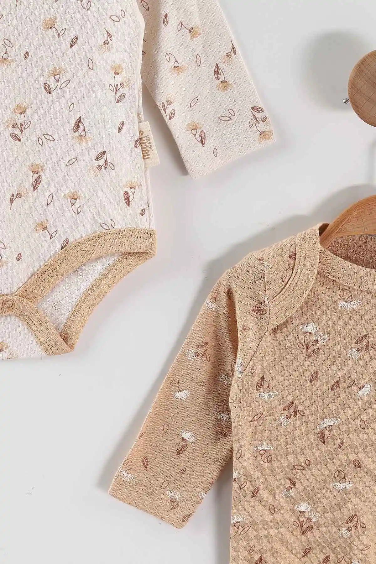 Kahve (0-6 Ay) Çiçek Baskılı Uzun Kol 3'lü Kız Bebek Çıtçıtlı Badi 469240