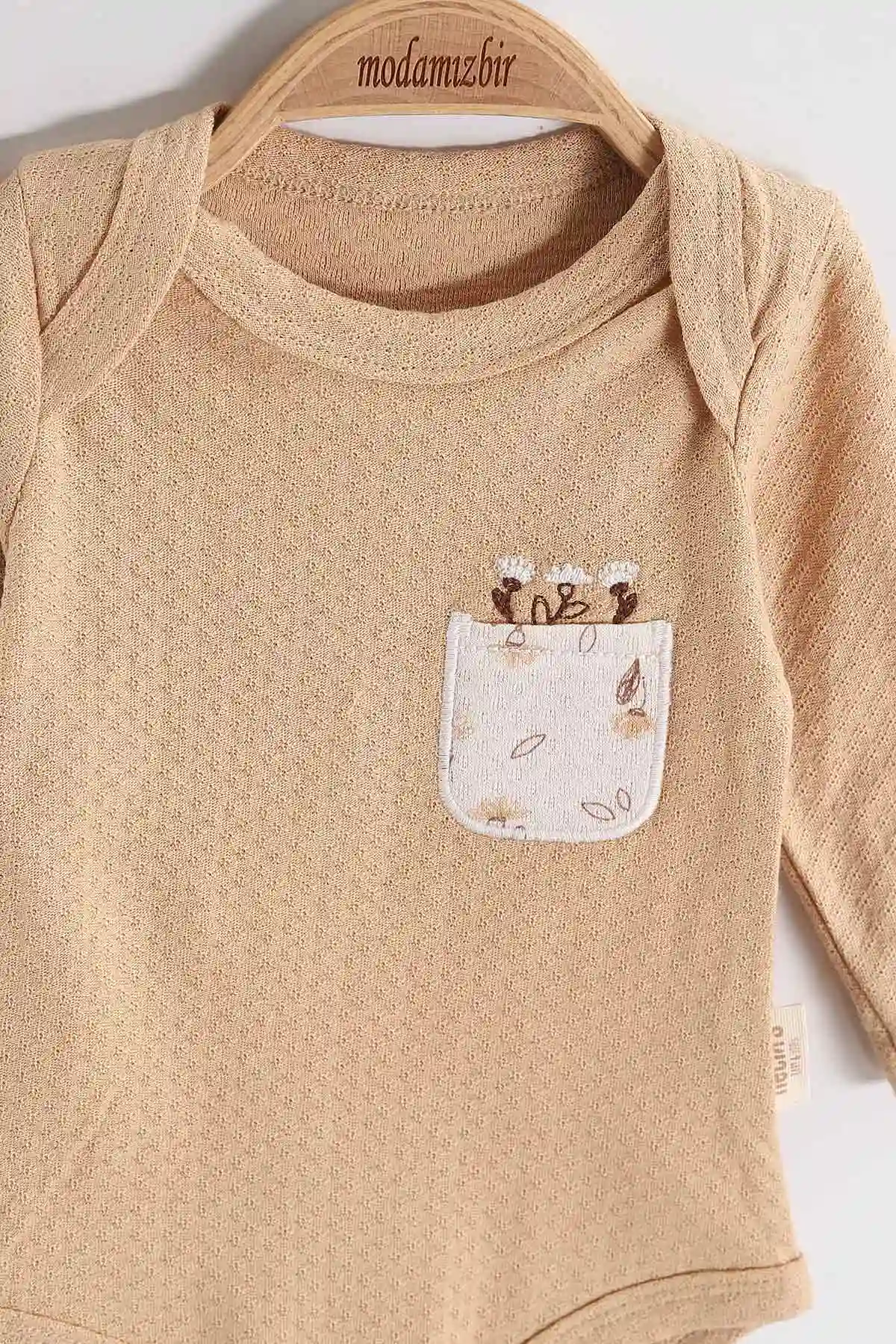 Kahve (0-6 Ay) Çiçek Baskılı Uzun Kol 3'lü Kız Bebek Çıtçıtlı Badi 469240