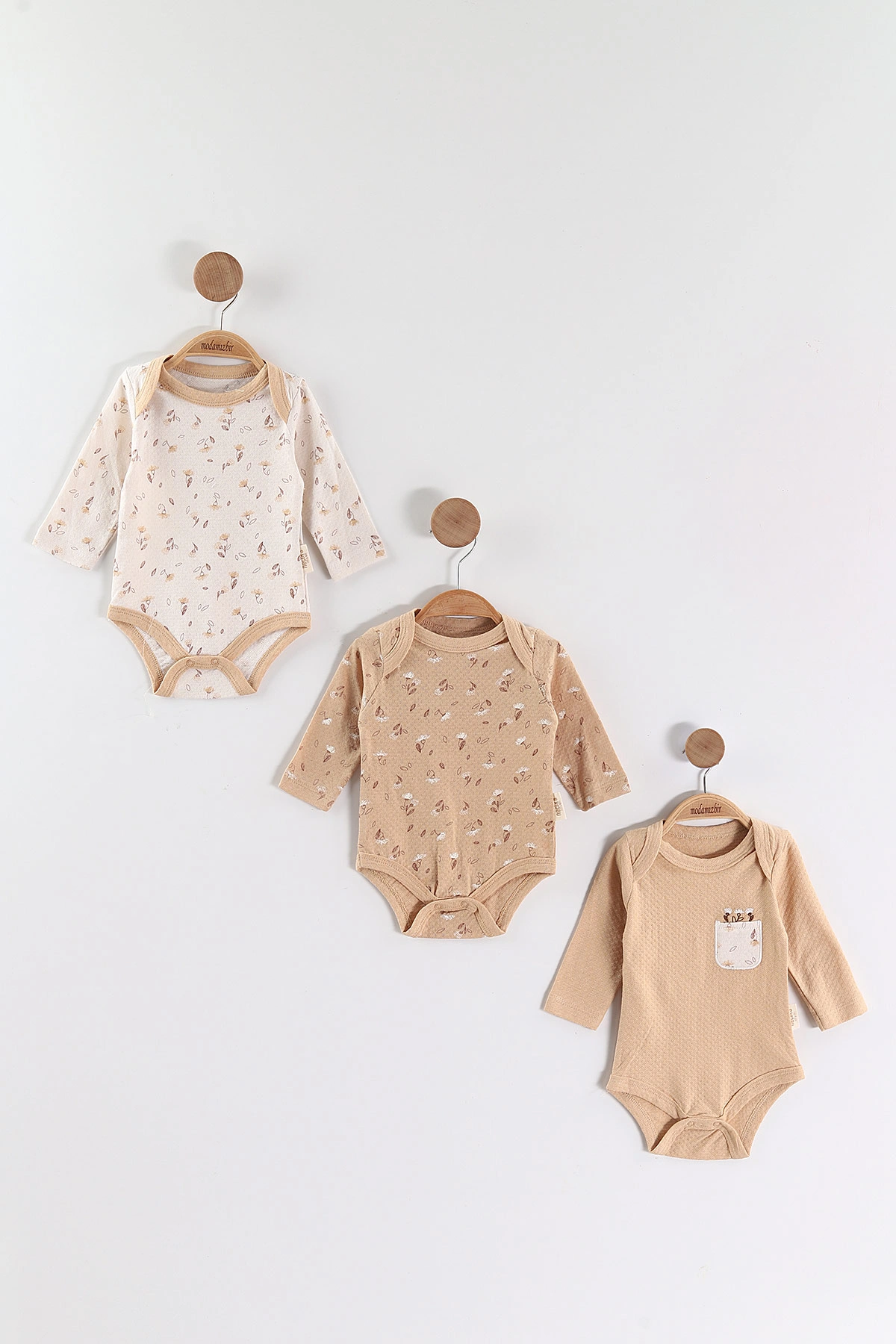 Kahve (0-6 Ay) Çiçek Baskılı Uzun Kol 3'lü Kız Bebek Çıtçıtlı Badi 469240