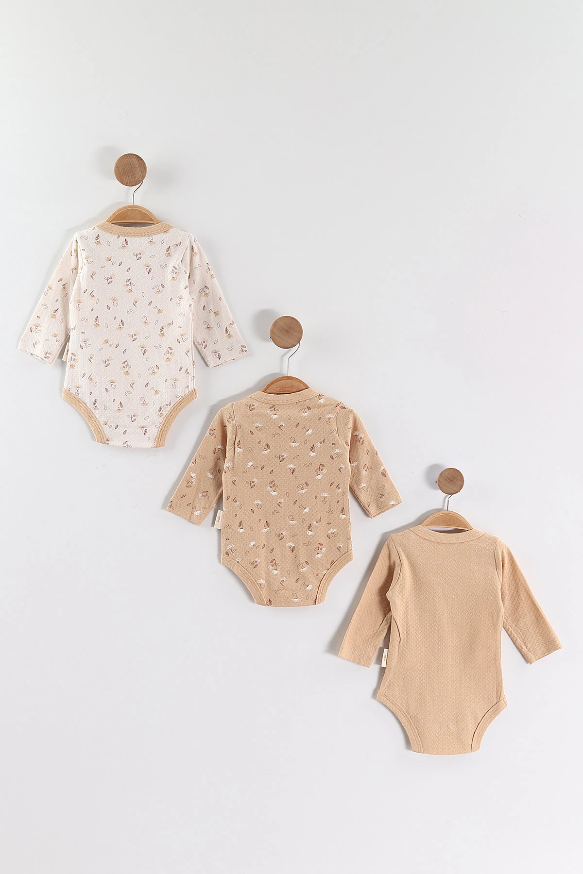 Kahve (0-6 Ay) Çiçek Baskılı Uzun Kol 3'lü Kız Bebek Çıtçıtlı Badi 469240