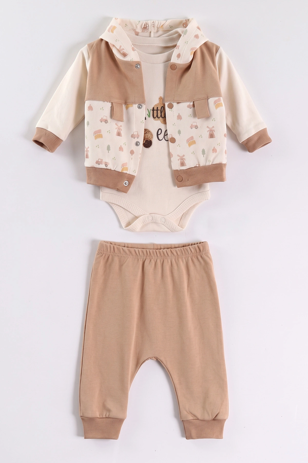 Kahve (0-9 Ay)  Araba Nakışlı Kapüşonlu Çıtçıtlı Hırkalı 3'lü Erkek Bebe Takım 475940