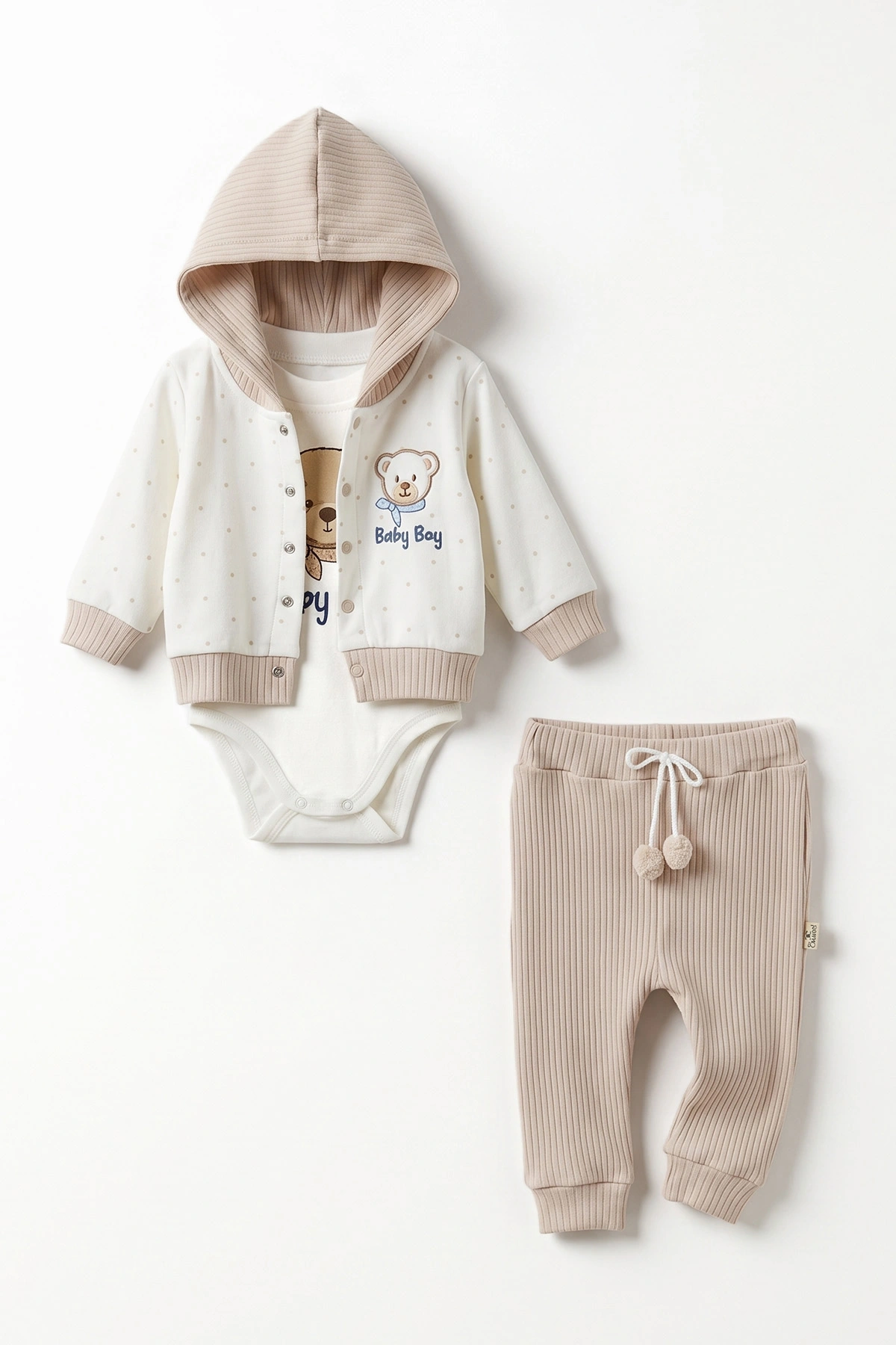 Kahve (0-9 Ay) Ayıcık Baskılı Kapüşonlu Hırkalı Erkek Bebek 3'lü Takım 475996