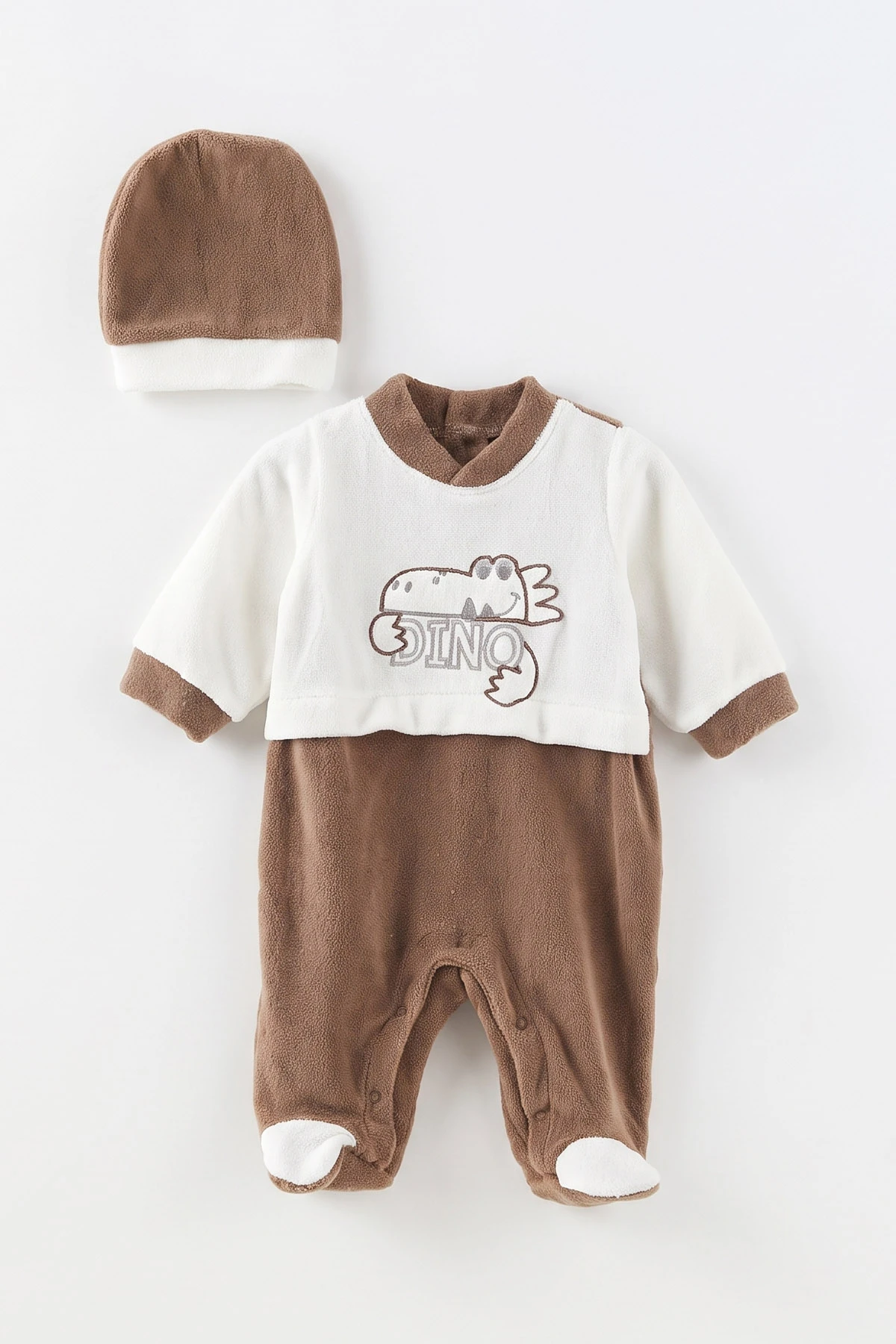 Kahve (0-9 Ay) Dinozor Nakışlı Patikli Şapkalı Kadife Erkek Bebek Tulum 497890