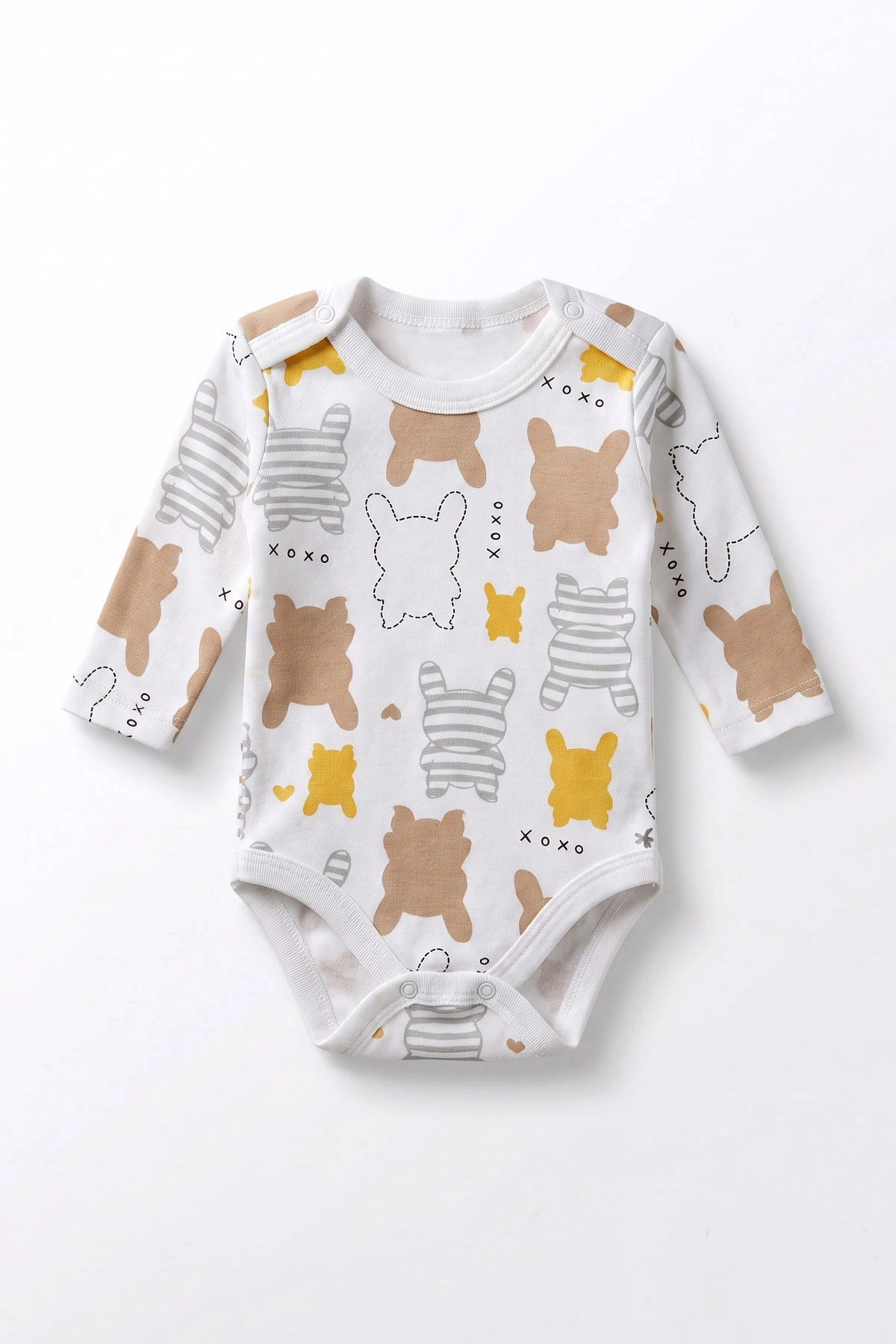 Kahve (0-9 Ay) Tavşan Desenli Uzun Kol Bebek Çıtçıtlı Badi 482326