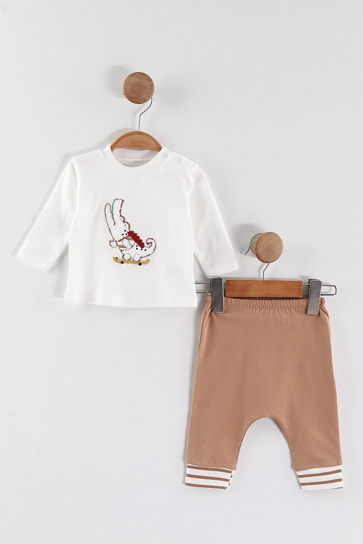 Kahve (0-9 Ay) Timsah Nakışlı Badili Çizgili Ceketli  Erkek Bebek 3'lü Takım 456367