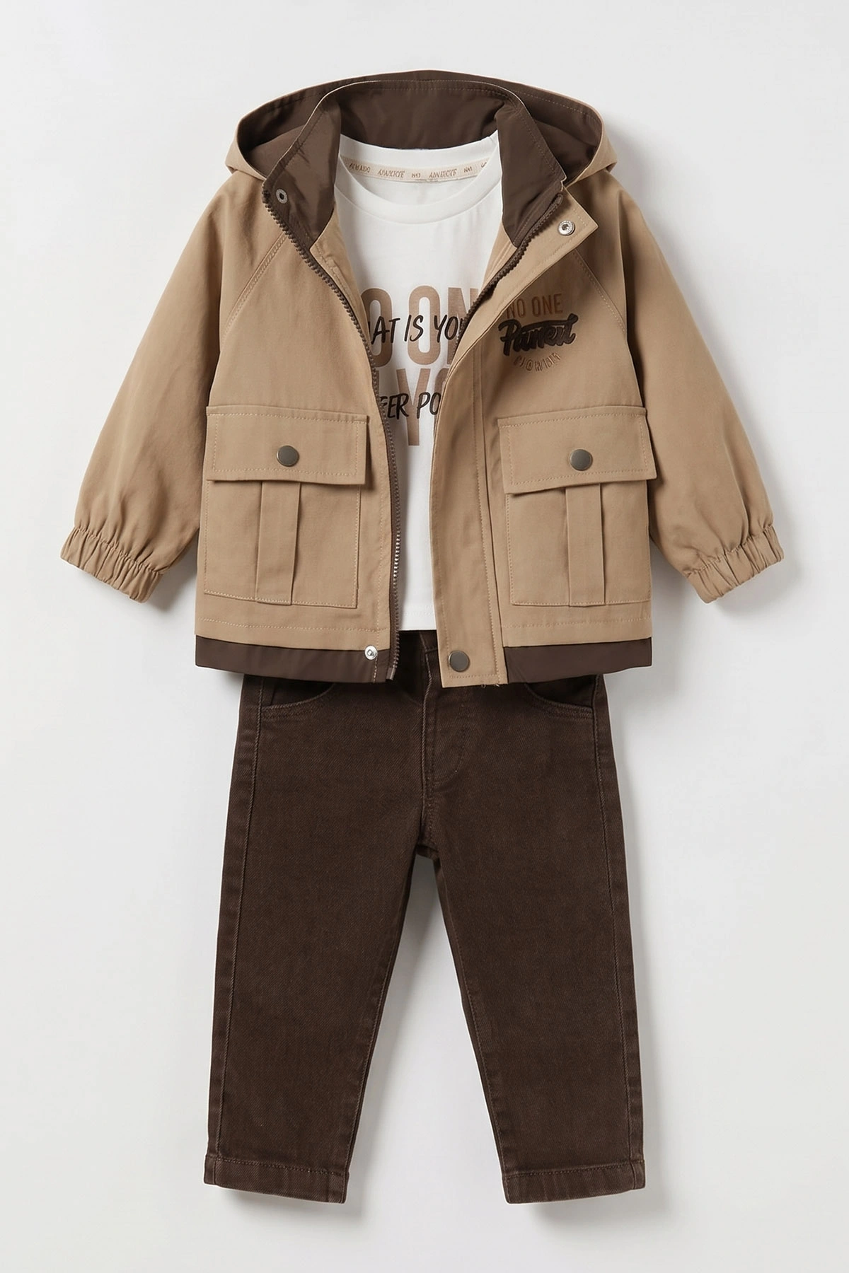 Kahve (1-4 Yaş) Baskılı Badili Ceket Detaylı Kot Pantolonlu Erkek Bebek&Çocuk 3'lü Takım 501548