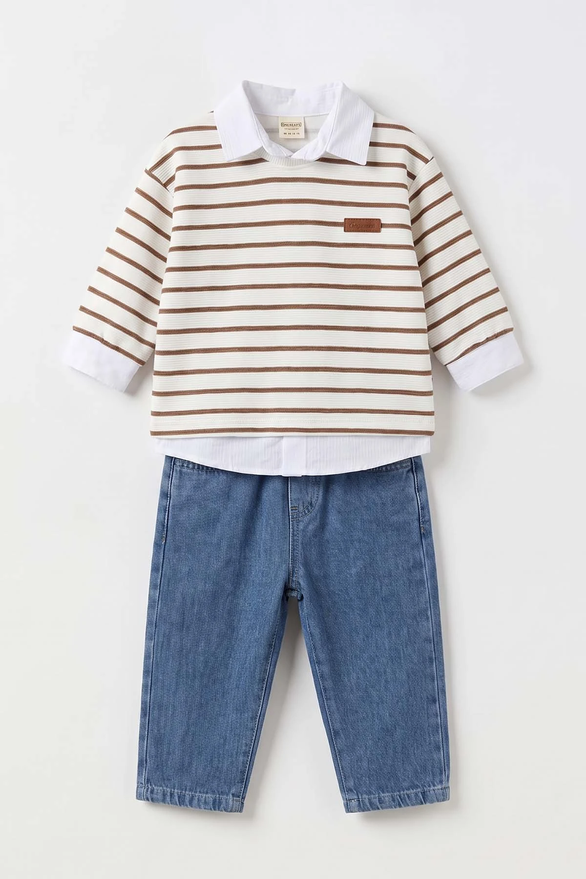 Kahve (1-4 Yaş) Gömlekli 2 İp Çizgili Sweatli ve Kot Pantolonlu Erkek &Bebek Çocuk 3'lü Takım 495357