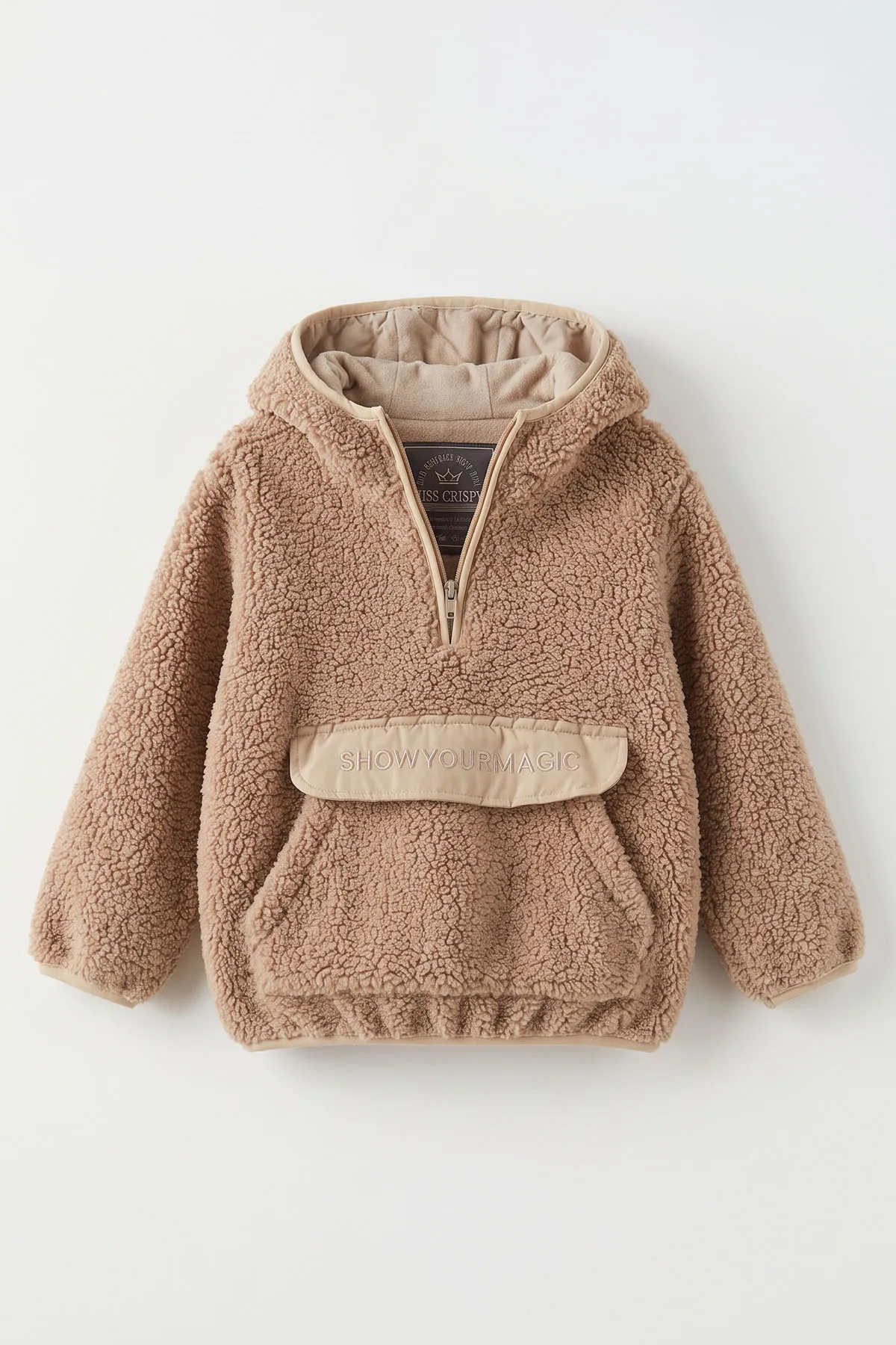 Kahve (1-4 Yaş)  Nakışlı Kapüşonlu Kanguru Cepli Yarım Fermuarlı Kuzu Kız &Bebek Çocuk Sweatshirt 497454