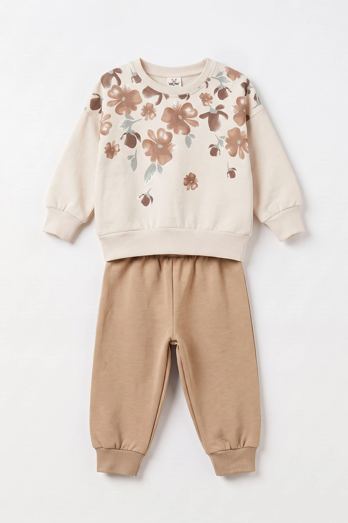 Kahve (1-4 Yaş) Yaka Çiçek Baskılı  3 İp Şardonlu Kız Bebek&Çocuk  Kışlık Takım 497465