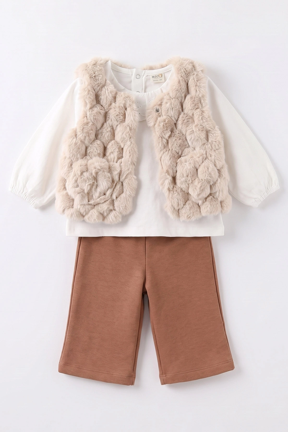Kahve (1-4 Yaş)Dantel Aksesuarlı Peluş Yelekli Alt Şardonlu  Kız Çocuk&Bebek 3'lü Takım 495195