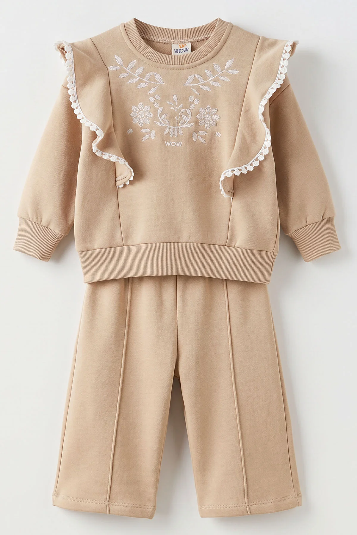 Kahve (1-4 Yaş)Önü Fırfır Yaka Nakışlı 3 İp Şardonlu Kız Çocuk&Bebek Kışlık Takım 500495