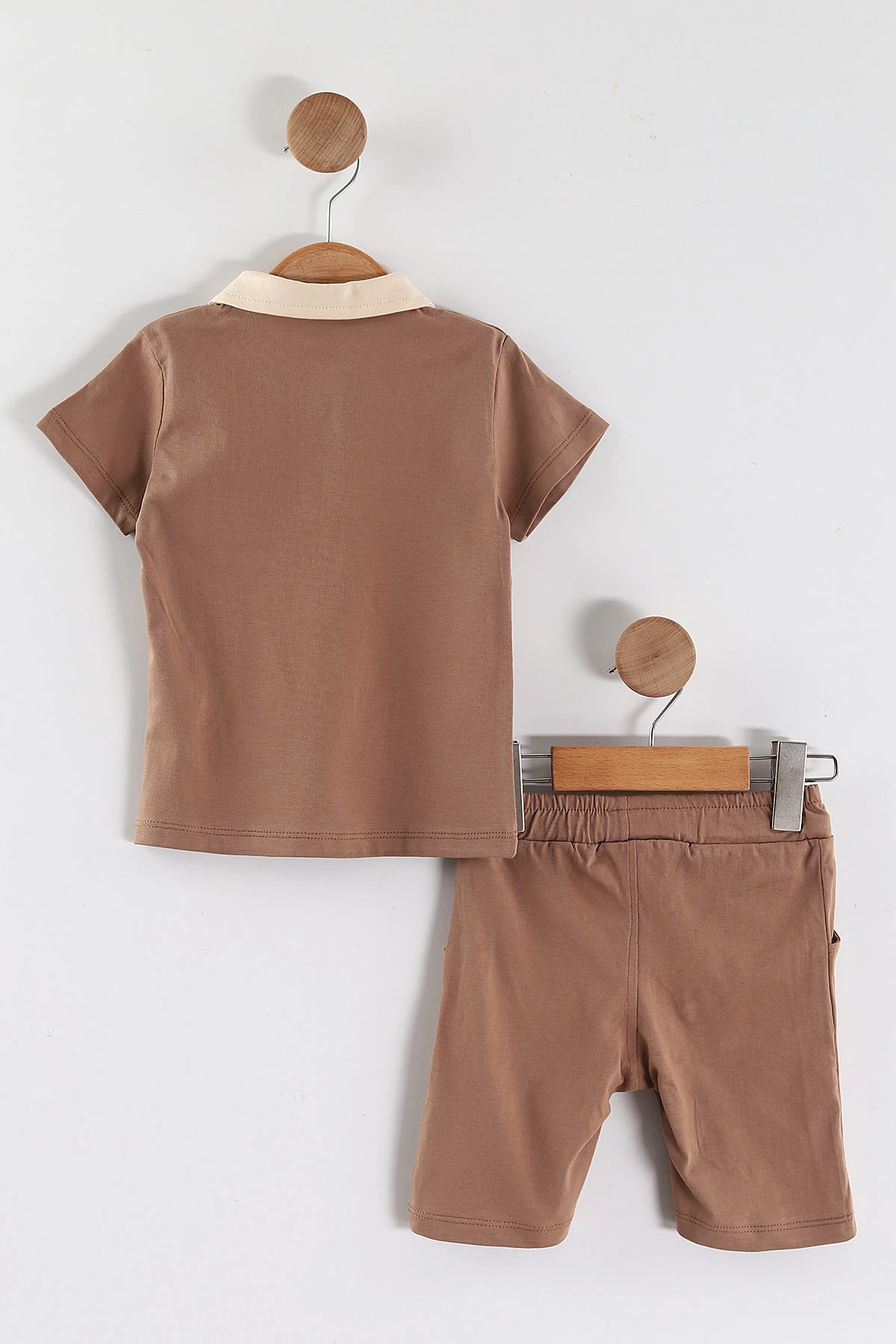 Kahve (1-5 Yaş) Ayıcık Desenli Polo Yaka Cepli   Şortlu Süprem Erkek Çocuk Yazlık Takım 446029