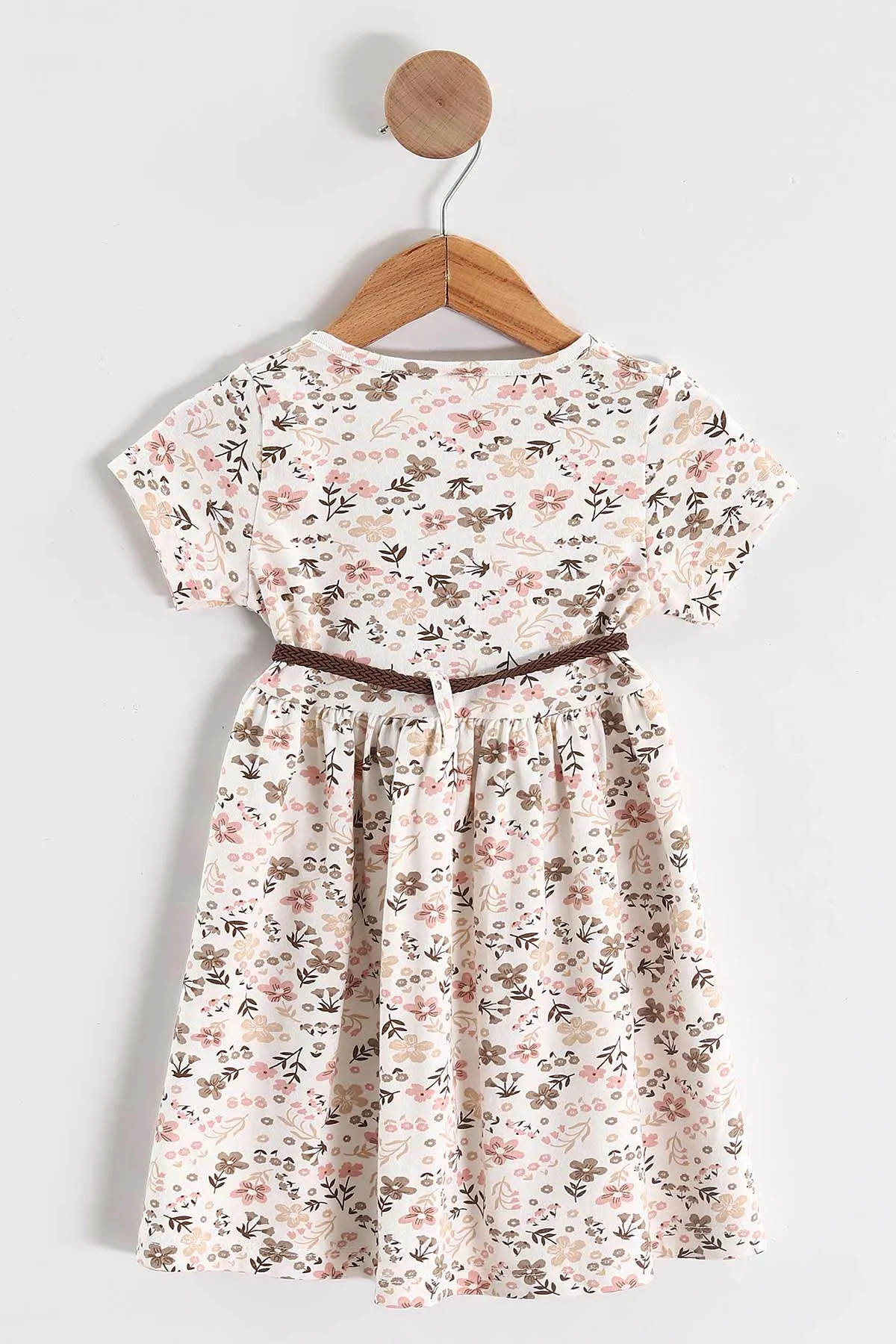 Kahve (1-5 Yaş) Çiçek Desenli Kemerli Yarım Düğmeli Kız Çocuk Elbise 439138