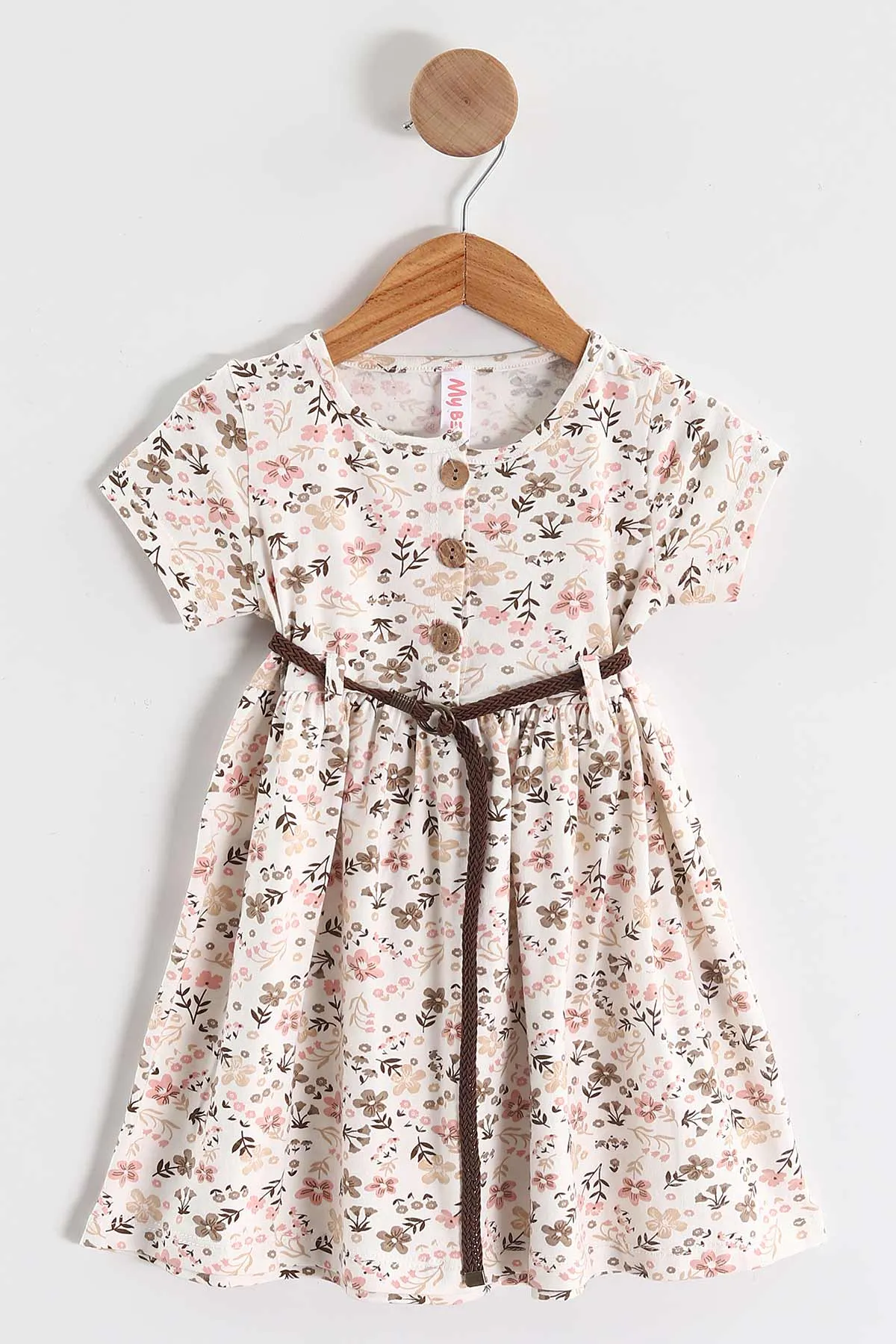 Kahve (1-5 Yaş) Çiçek Desenli Kemerli Yarım Düğmeli Kız Çocuk Elbise 439138