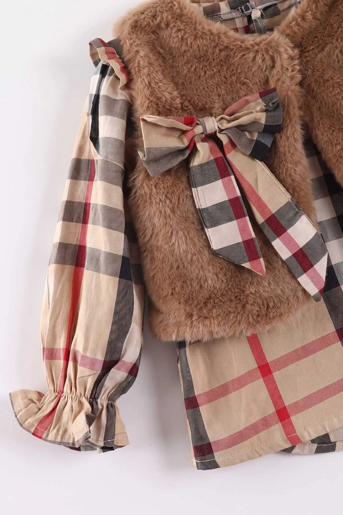 Kahve (1-5 Yaş) Fırfırlı Peluş Yelekli Gabardin Etekli Kız Çocuk 3'lü Takım 473409