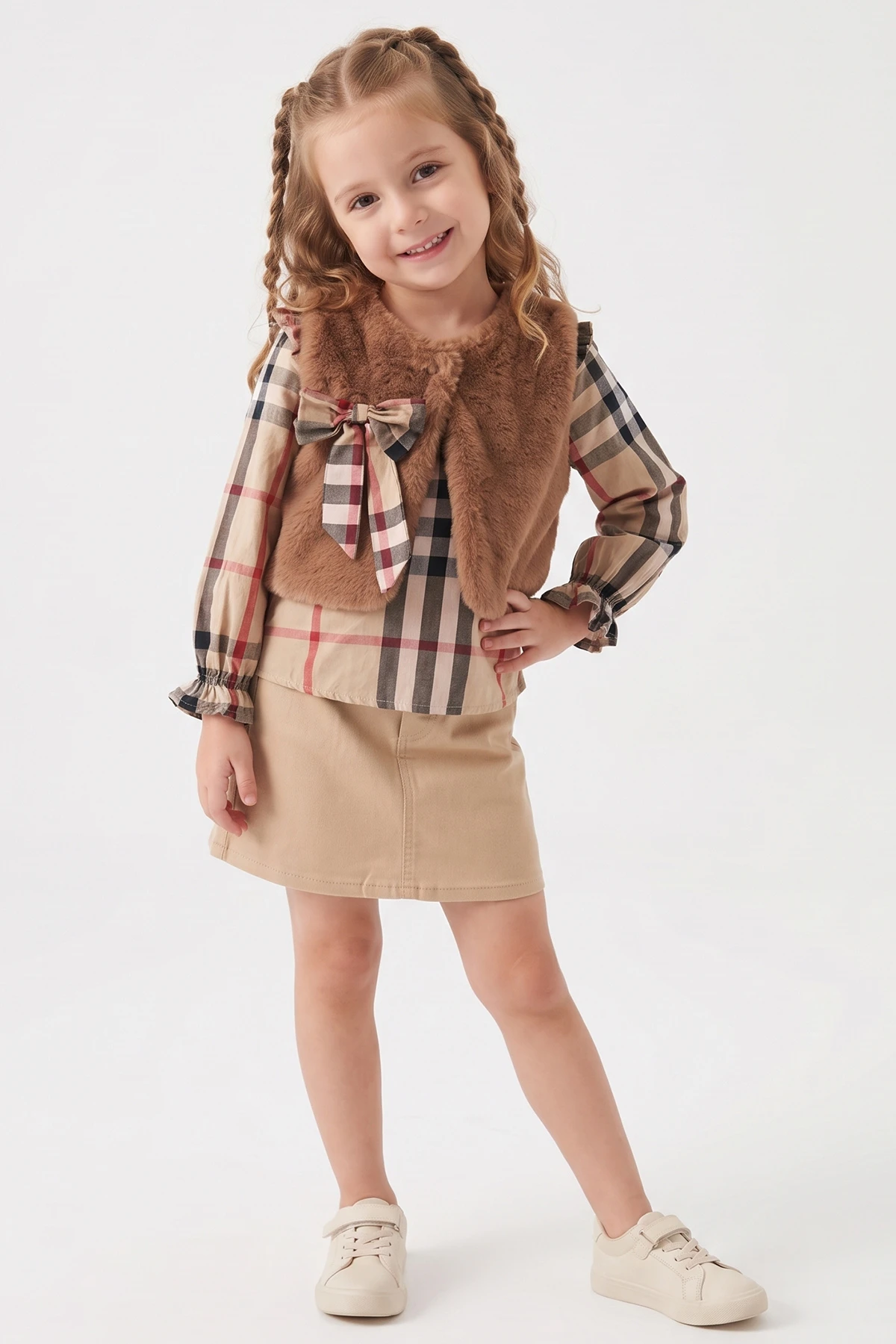 Kahve (1-5 Yaş) Fırfırlı Peluş Yelekli Gabardin Etekli Kız Çocuk 3'lü Takım 473409