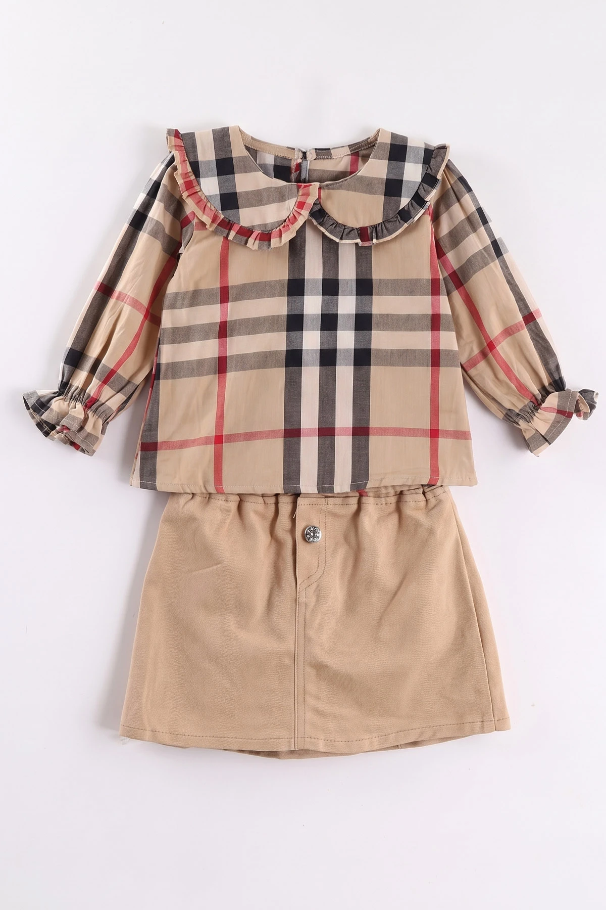 Kahve (1-5 Yaş) Fırfırlı Peluş Yelekli Gabardin Etekli Kız Çocuk 3'lü Takım 473409