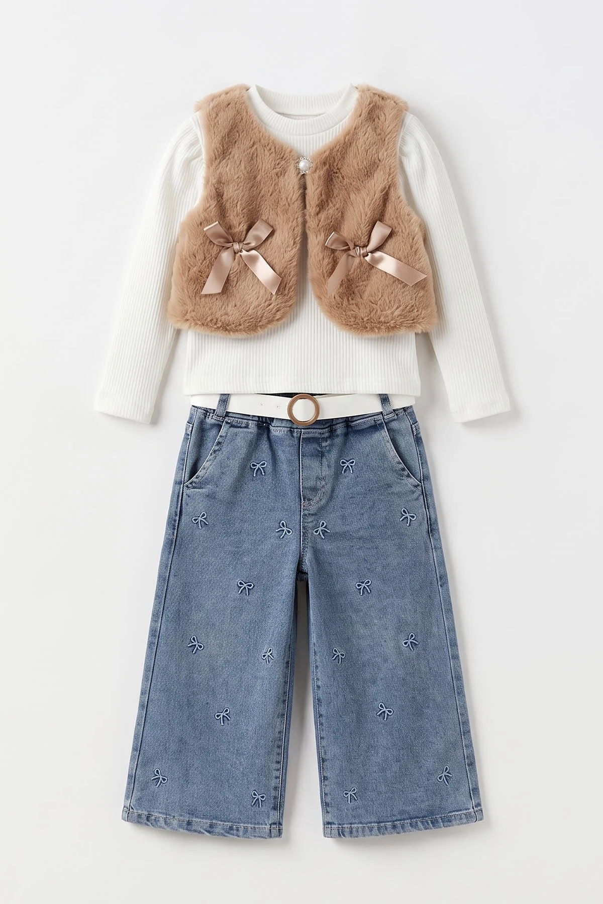 Kahve (1-5 Yaş) Fitilli Bodyli Leopar Peluş Yelekli Nakışlı Kot Pantolonlu Kız Çocuk 3lü Takım 495749