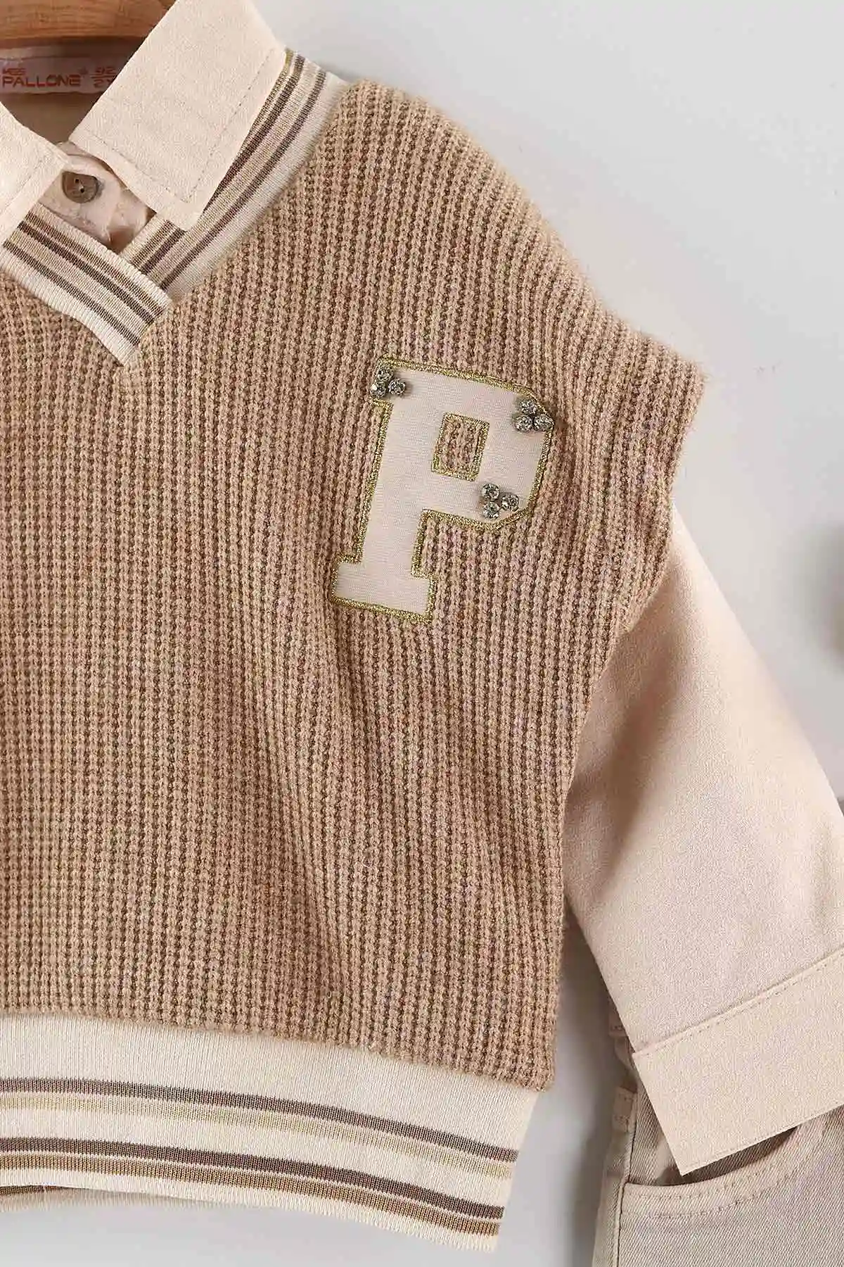 Kahve (1-5 Yaş) Gömlekli Triko Süveterli Gabardin Pantolonlu  Kız Çocuk 3'lü Takım 443782