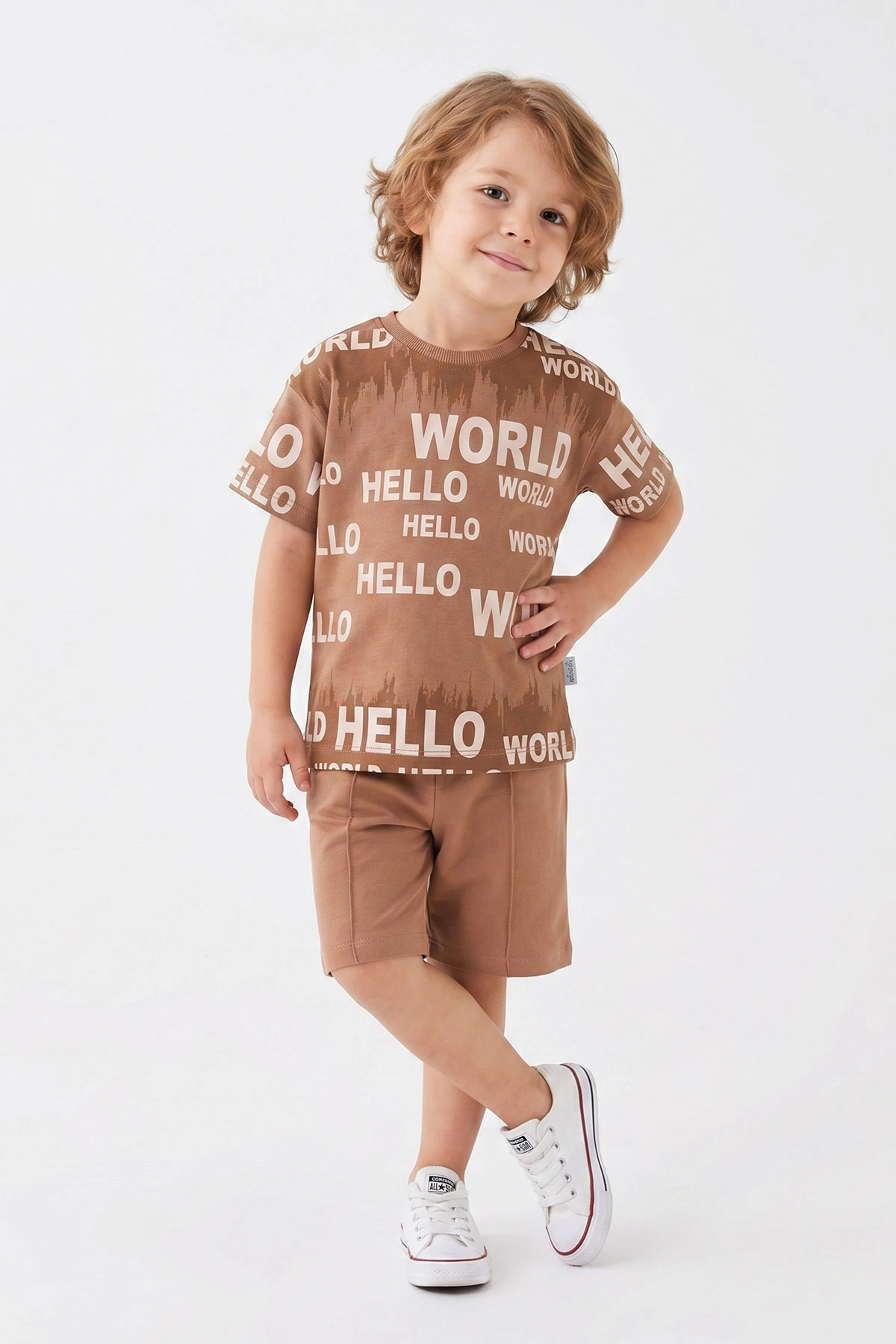 Kahve (1-5 Yaş) Word Baskılı   Tişörtlü   ve  Şortlu  Süprem  Erkek Çocuk Yazlık Takım 461630