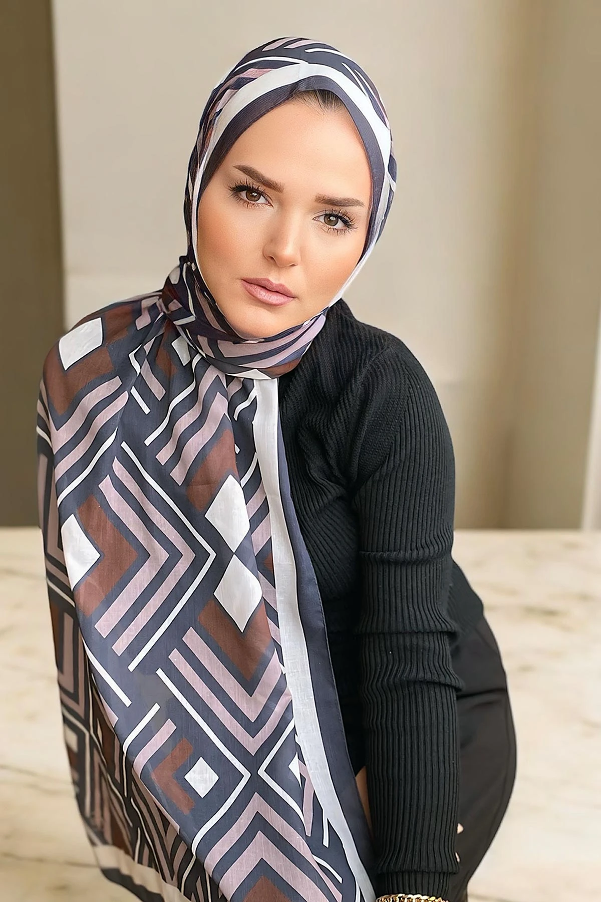 Kahve 180X70 cm Dijital Baskı Desenli Pamuk Şal Marlow 332755