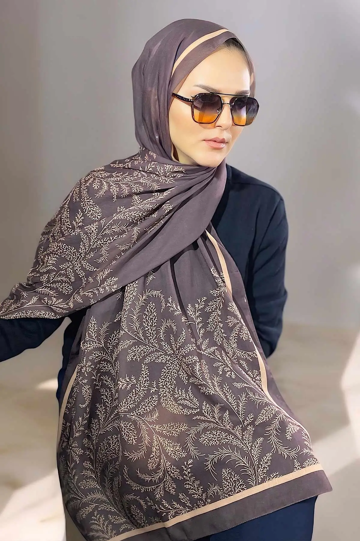 Kahve 180X70 cm Dijital Baskı Flovery Desenli Pamuk Şal 335039