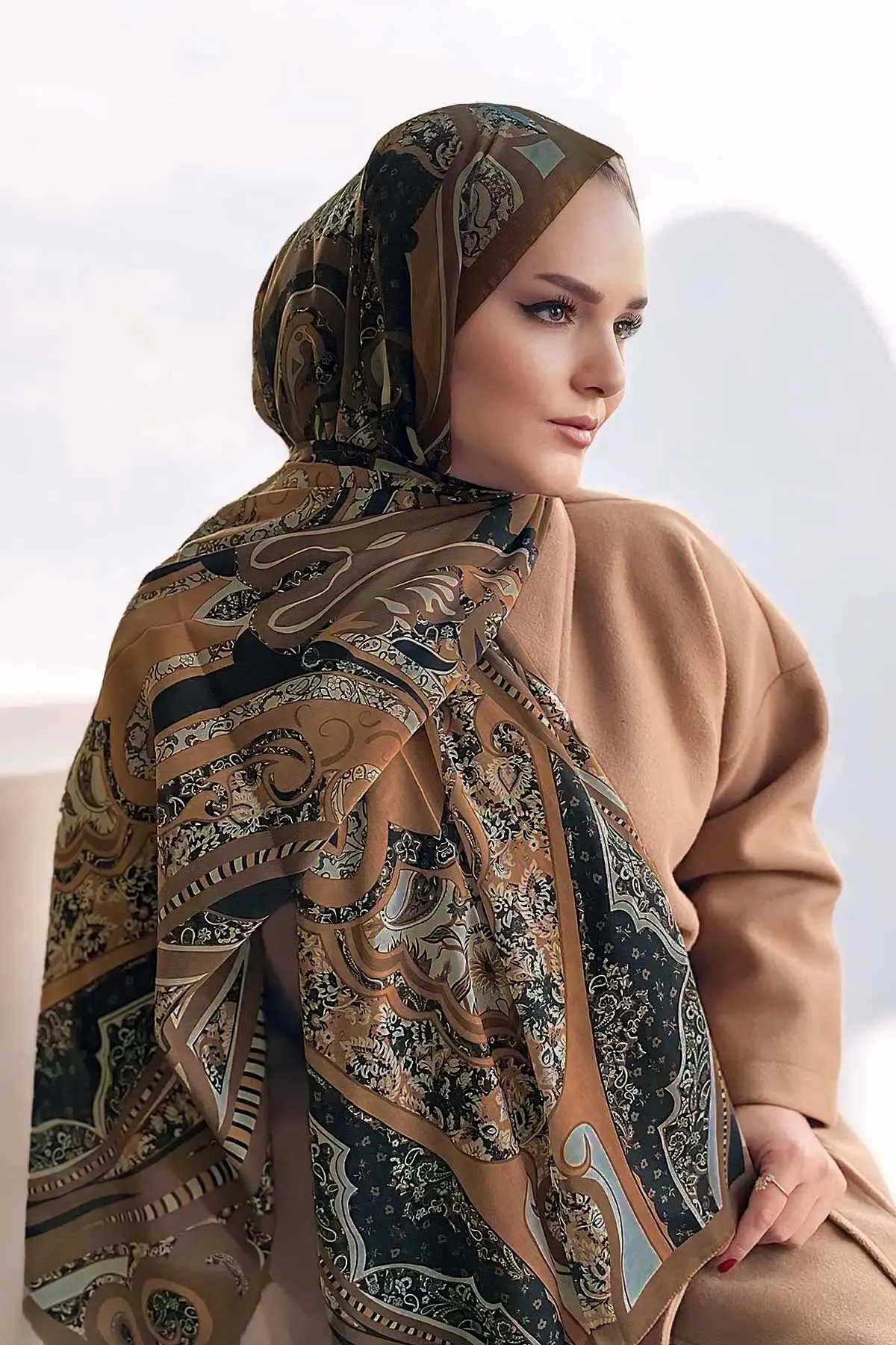 Kahve 180x70 Etnik Desen Dijital Baskılı Pamuk Şal 330542