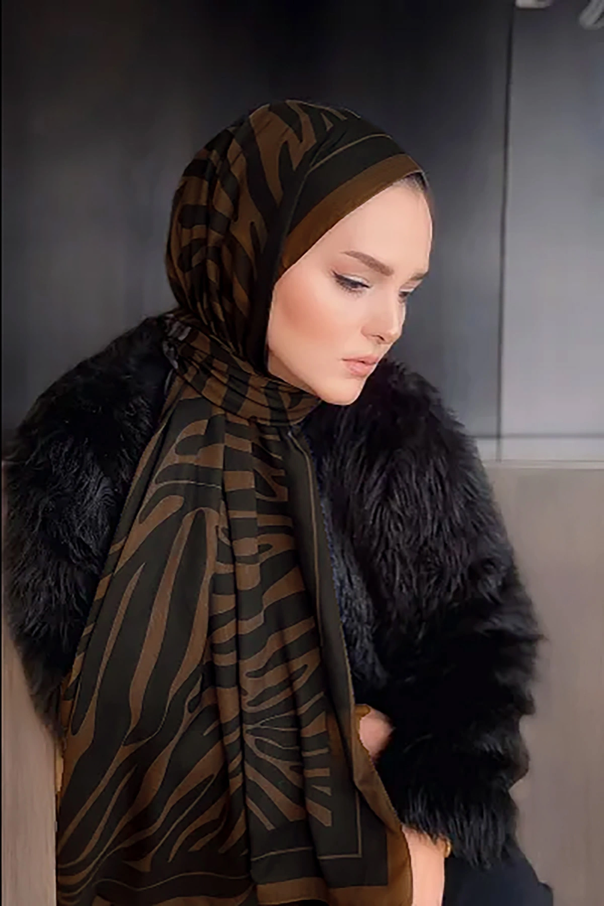 Kahve  180x70 Zebra Desen Dijital Baskılı Pamuk Şal 323061