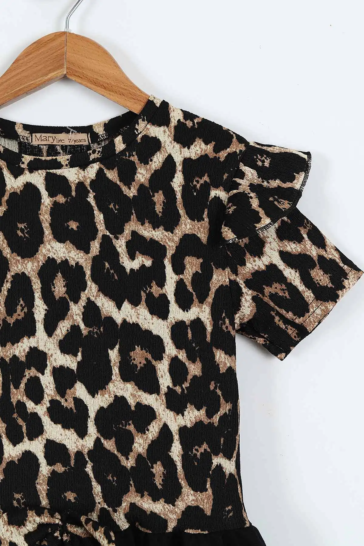 Kahve (2-10 Yaş) Kol Fırfırlı Leopar Desen Fiyonklu Bürümcük Kız Çocuk Elbise 342804