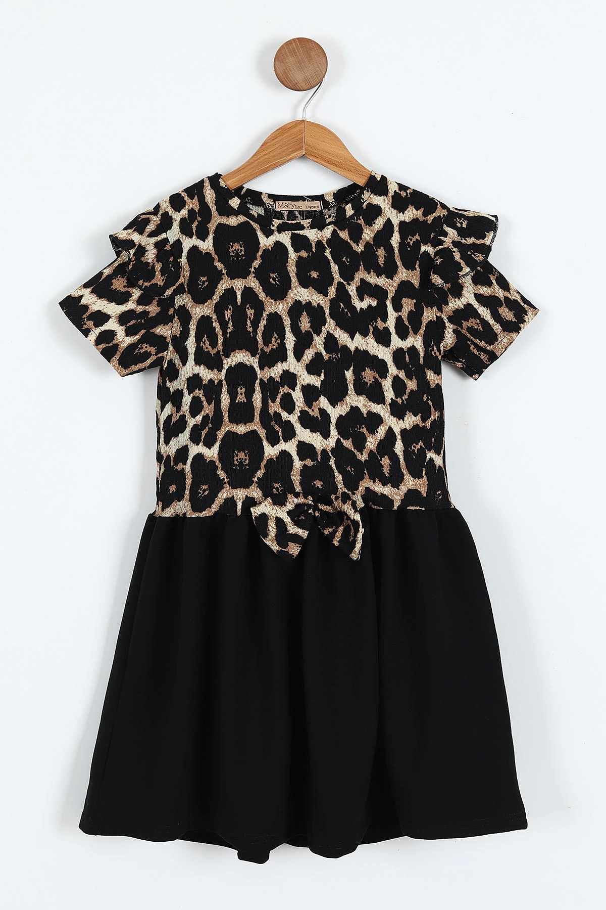 Kahve (2-10 Yaş) Kol Fırfırlı Leopar Desen Fiyonklu Bürümcük Kız Çocuk Elbise 342804