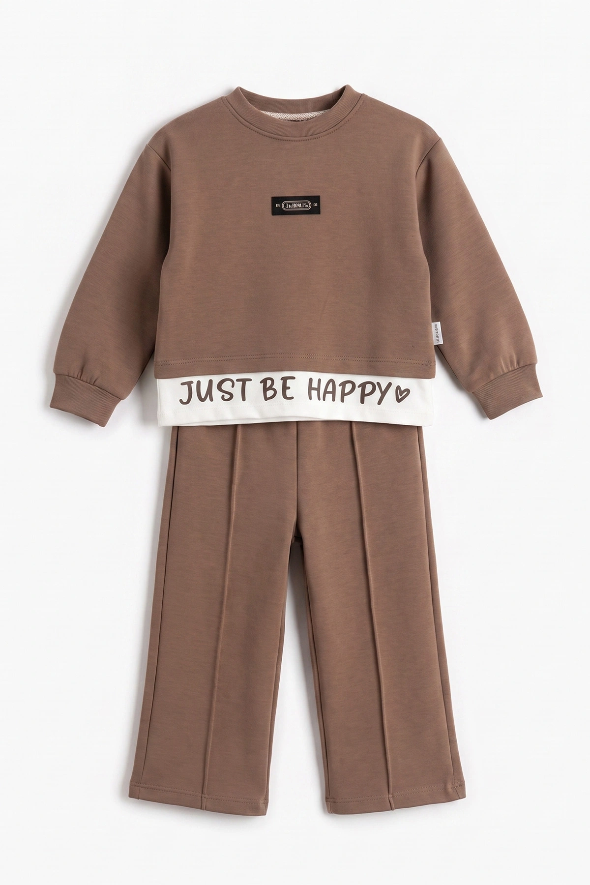 Kahve (2-5 Yaş) Armalı Just Be Happy Baskılı Oysho Kumaş Kız Çocuk Takım 471248