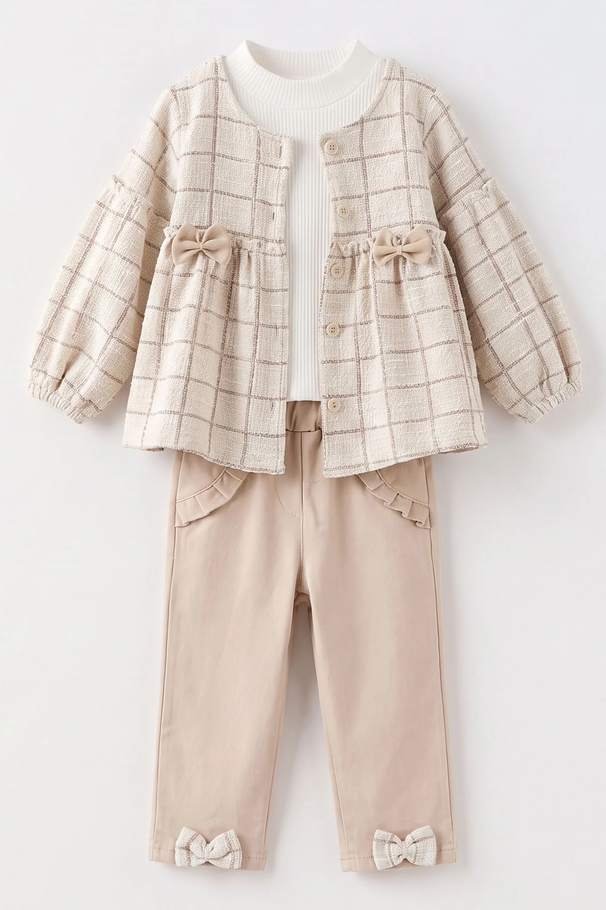 Kahve (2-6 Yaş) Fiyonklu Hırkalı ve Gabardin Pantolonlu Kız Çocuk 3'lü Takım 483679