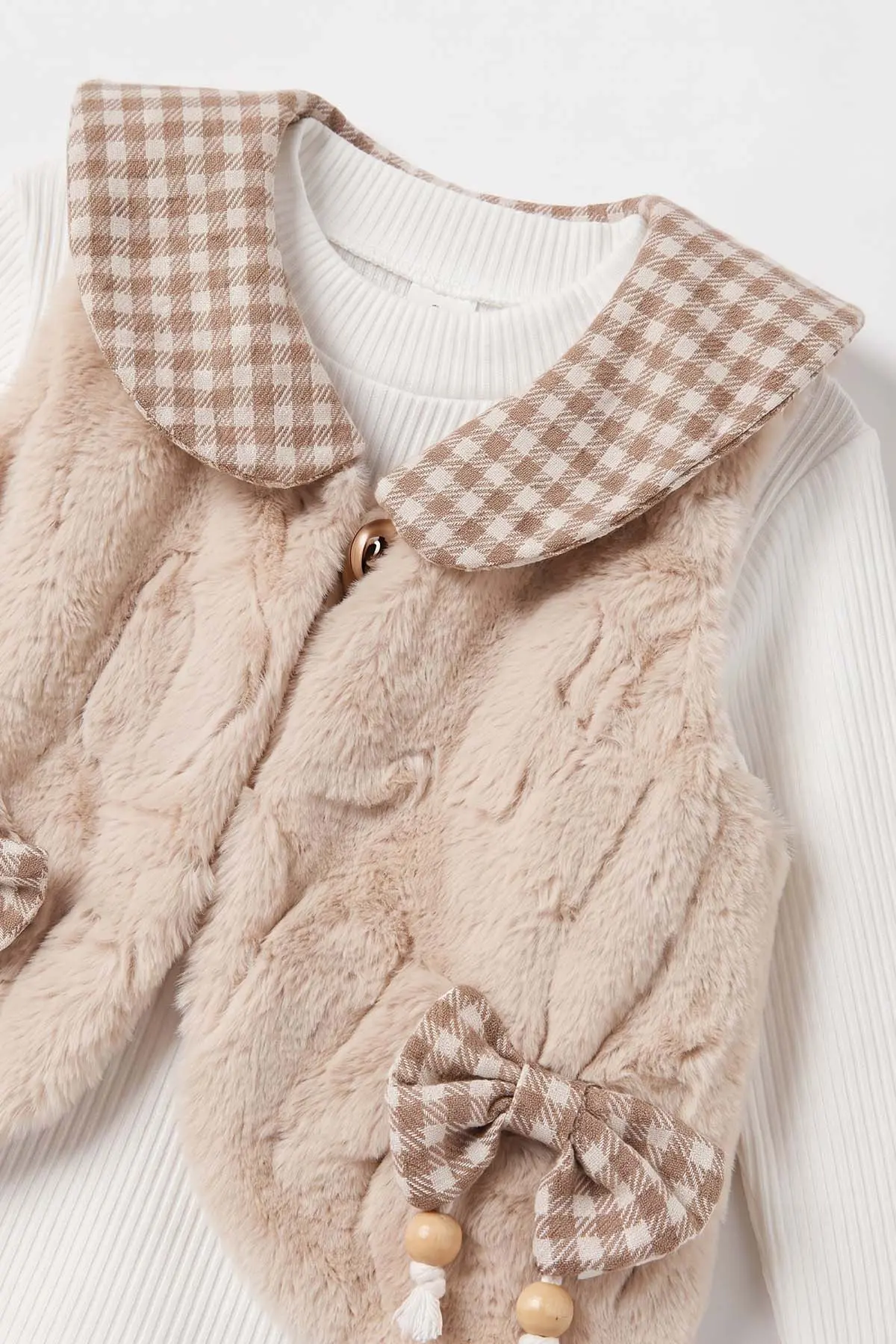 Kahve (2-6 Yaş) Kareli Pantolonlu Peluş Yelekli Kız Çocuk 3'lü Takım 491150