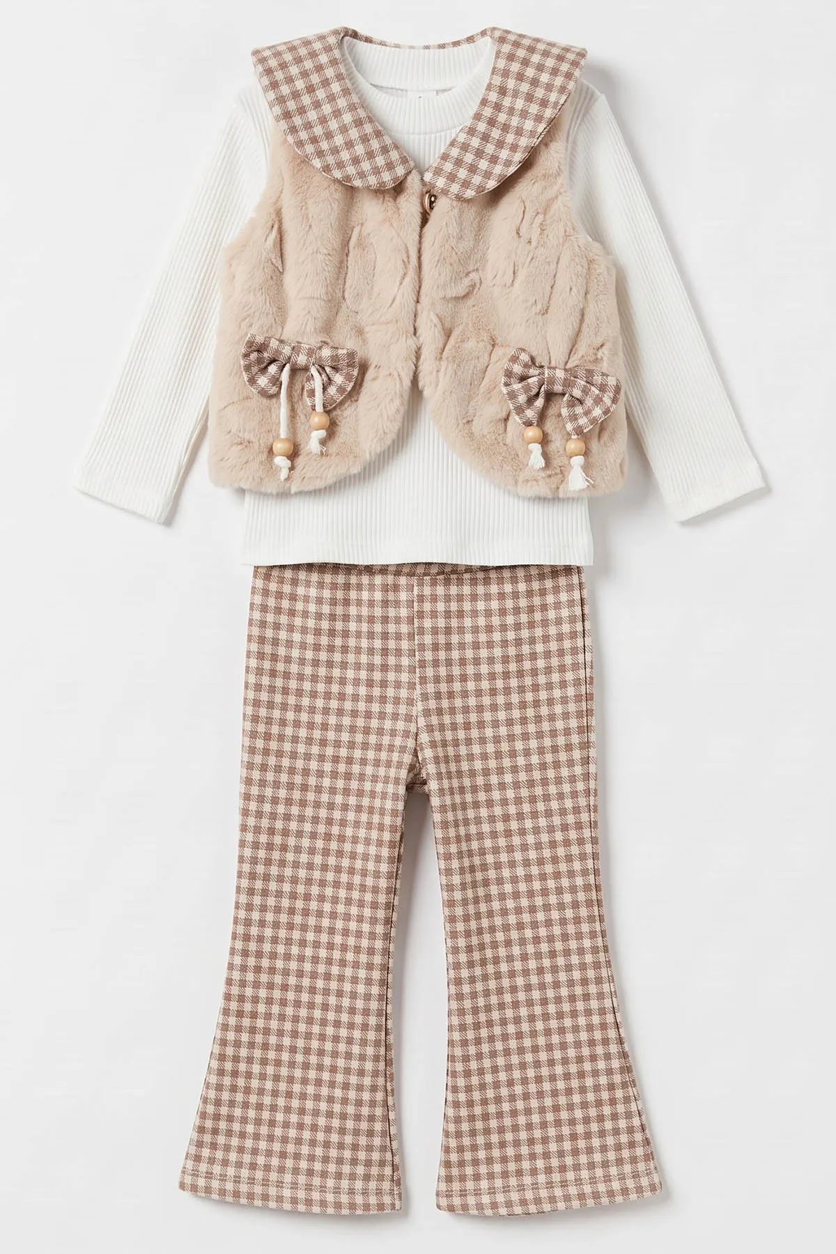 Kahve (2-6 Yaş) Kareli Pantolonlu Peluş Yelekli Kız Çocuk 3'lü Takım 491150