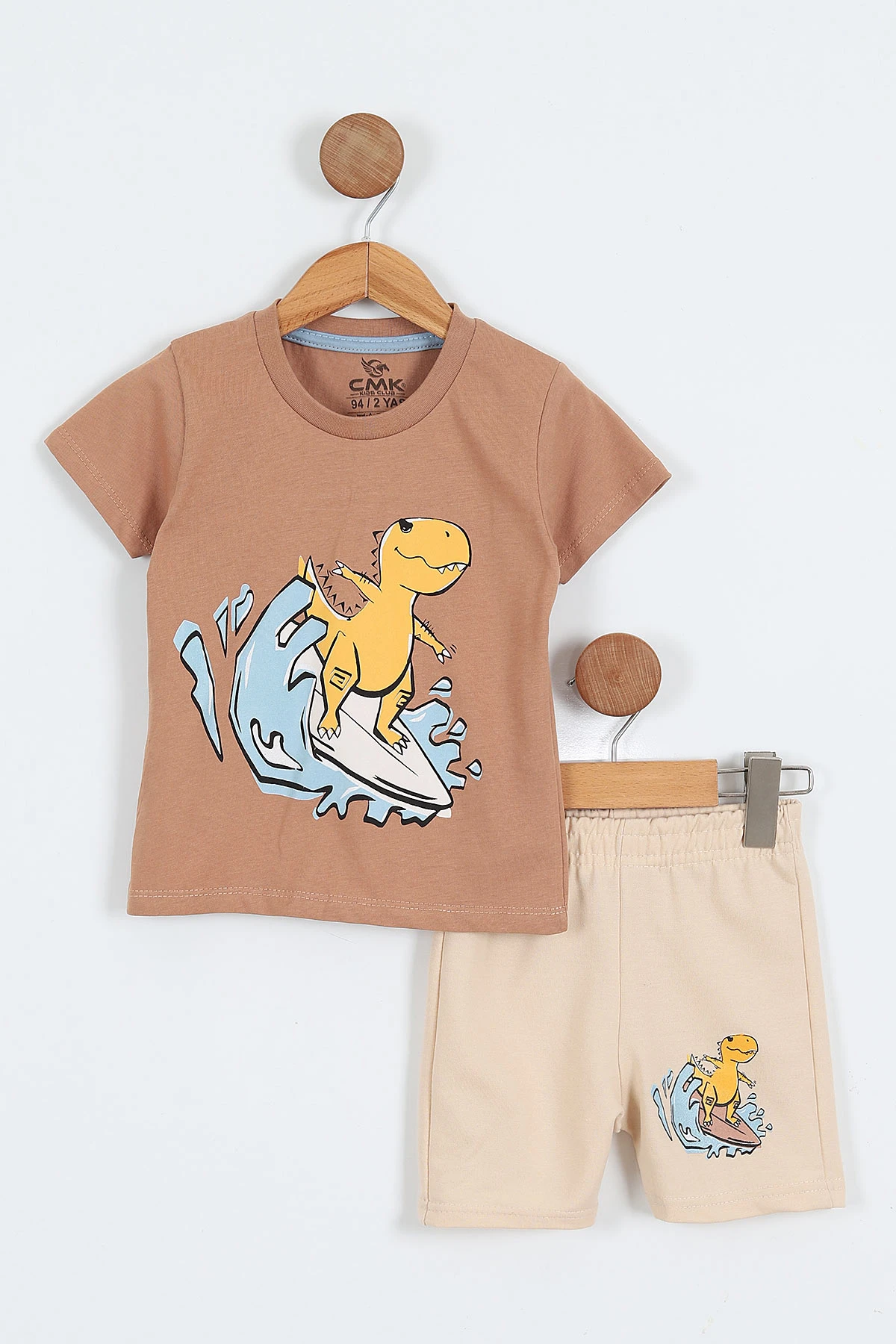 Kahve (2-9 Yaş)Dinozor  Baskılı Şortlu Erkek Çocuk Yazlık Takım 354109