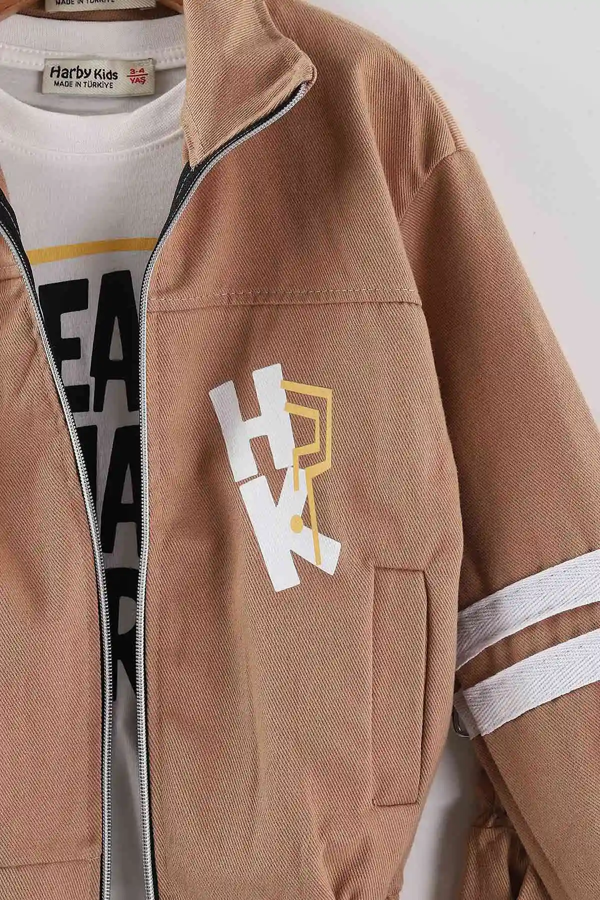 Kahve (3-10 Yaş)Şeritli Fermuarlı Ceketli Gabardin Erkek Çocuk 3'lü  Takım 443383