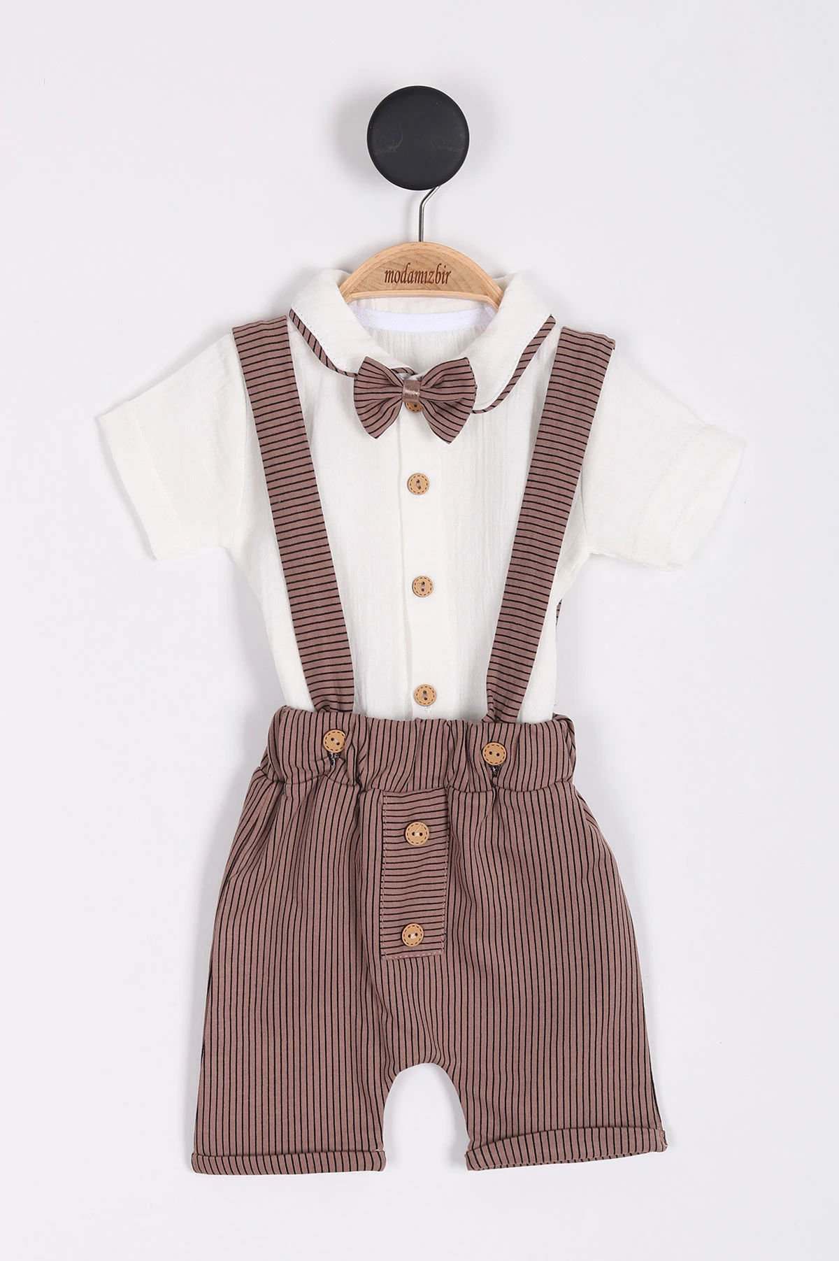 Kahve (3-12 Ay) Çizgili Papyonlu Erkek Bebek Salopet Takım 255329