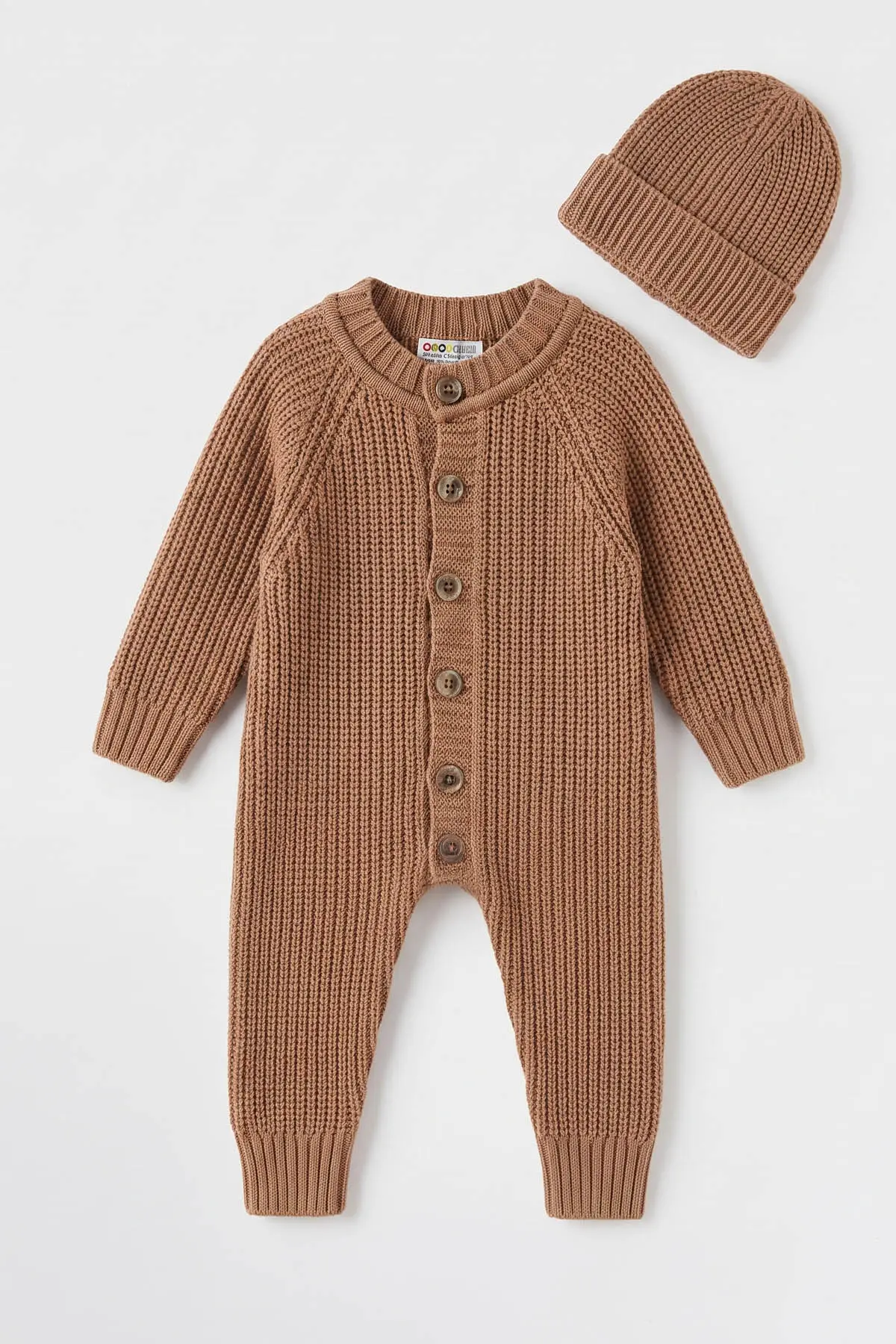Kahve (3-12 Ay) Selanik Örgülü Dikişsiz Şapkalı Triko  Bebek Tulum 474367