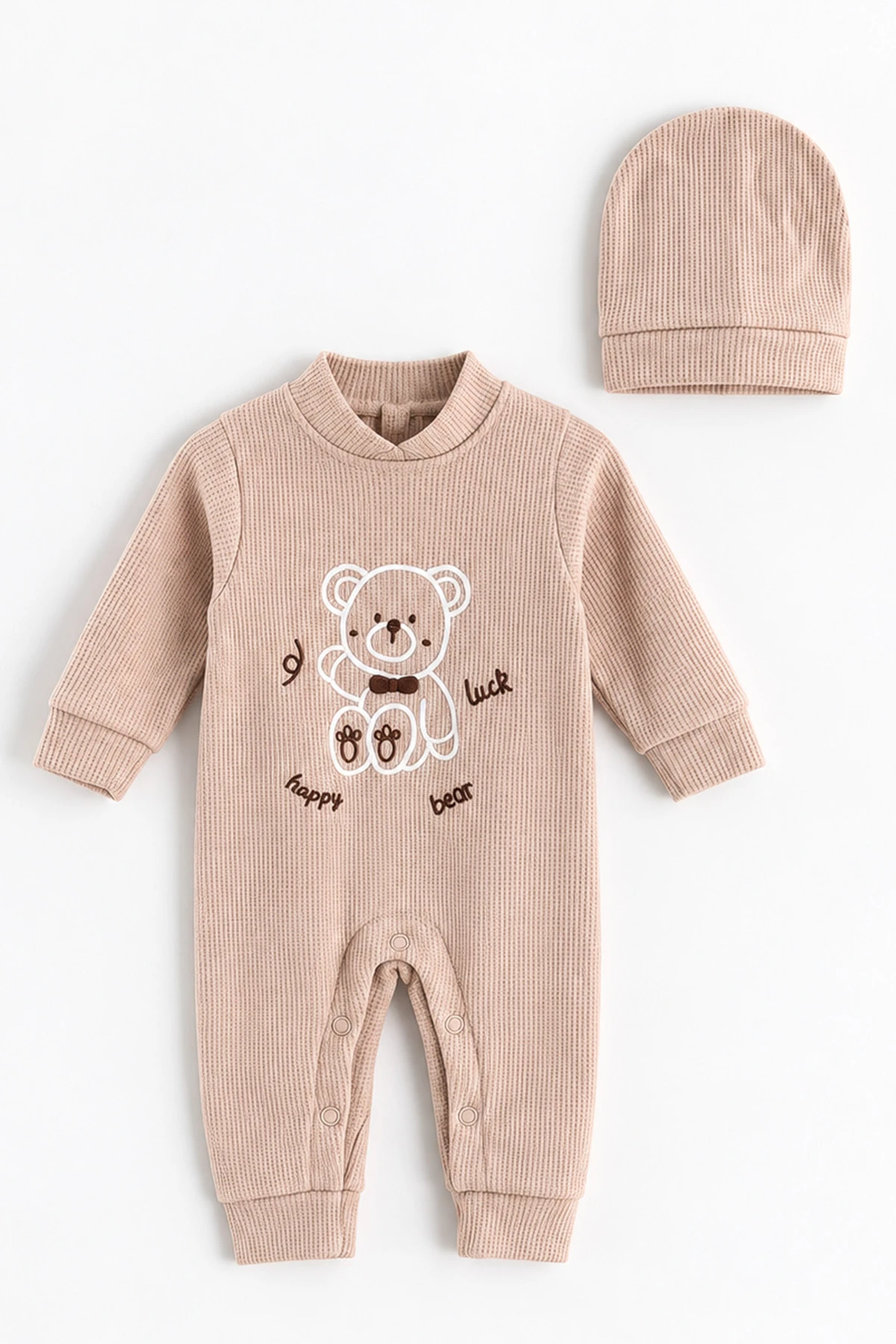 Kahve (3-18 Ay) Ayıcık Nakışlı Waffle Kumaş Şapkalı Erkek Bebek Tulum 487127