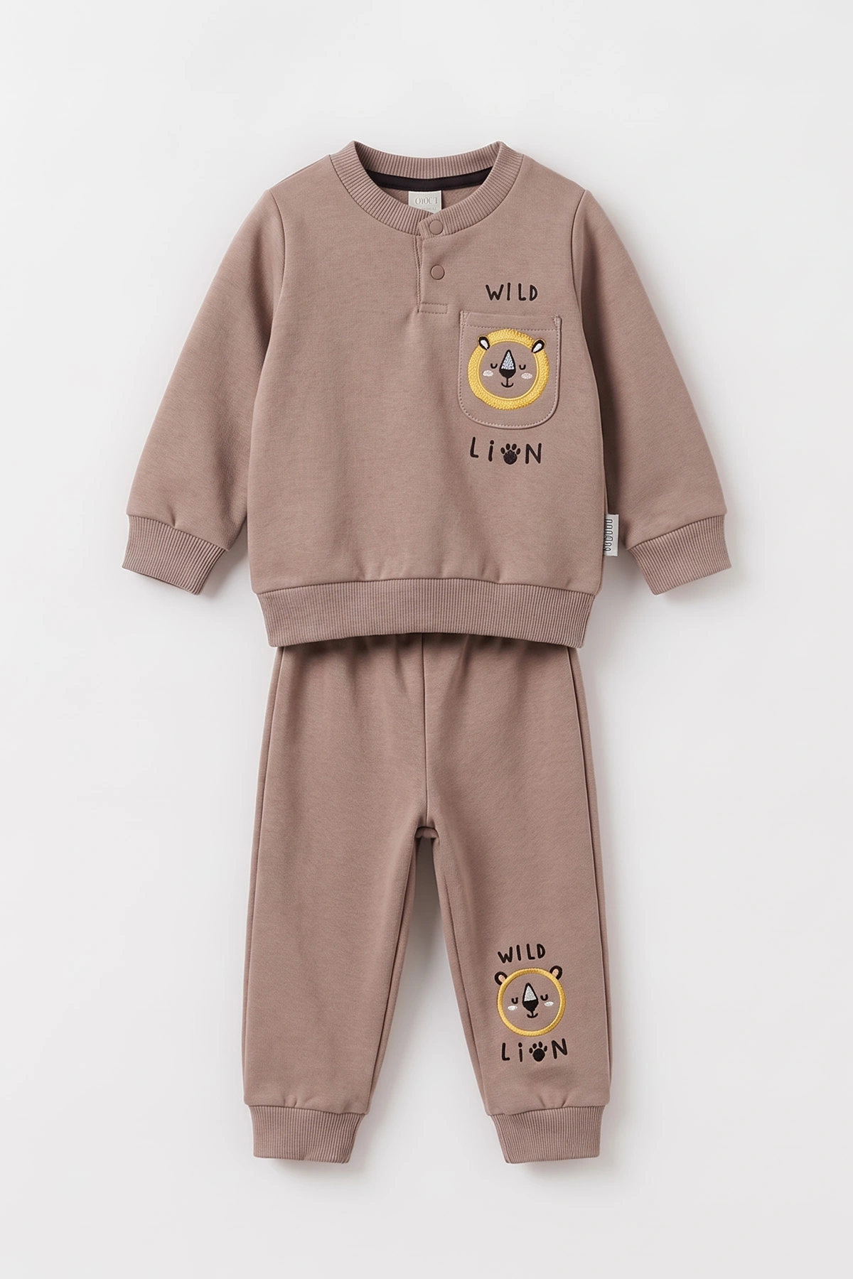 Kahve (3-24 Ay)  Lion Nakışlı Cep Detaylı  3 İp Şardonlu Erkek Bebek Kışlık Takım 495603