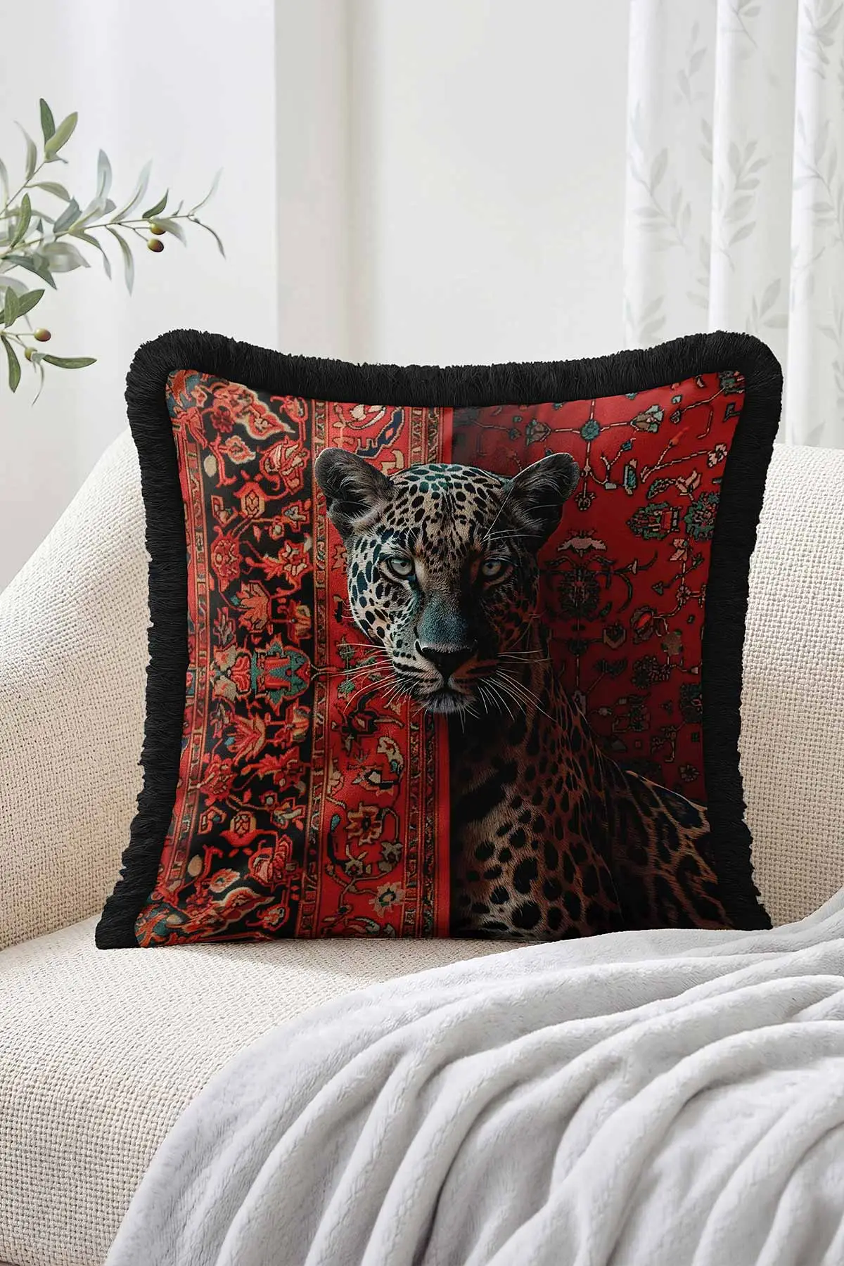 43x43 Cm Dijital Baskılı Fermuarlı Çift Taraflı Saçaklı Kırlent Kılıfı 483479