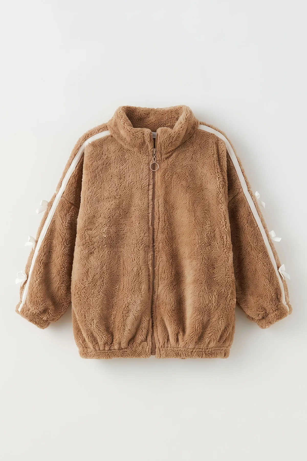 Kahve (5-11 Yaş) Kolları Biyeli Fiyonk Detaylı Peluş Kız Çocuk Hırka 497871