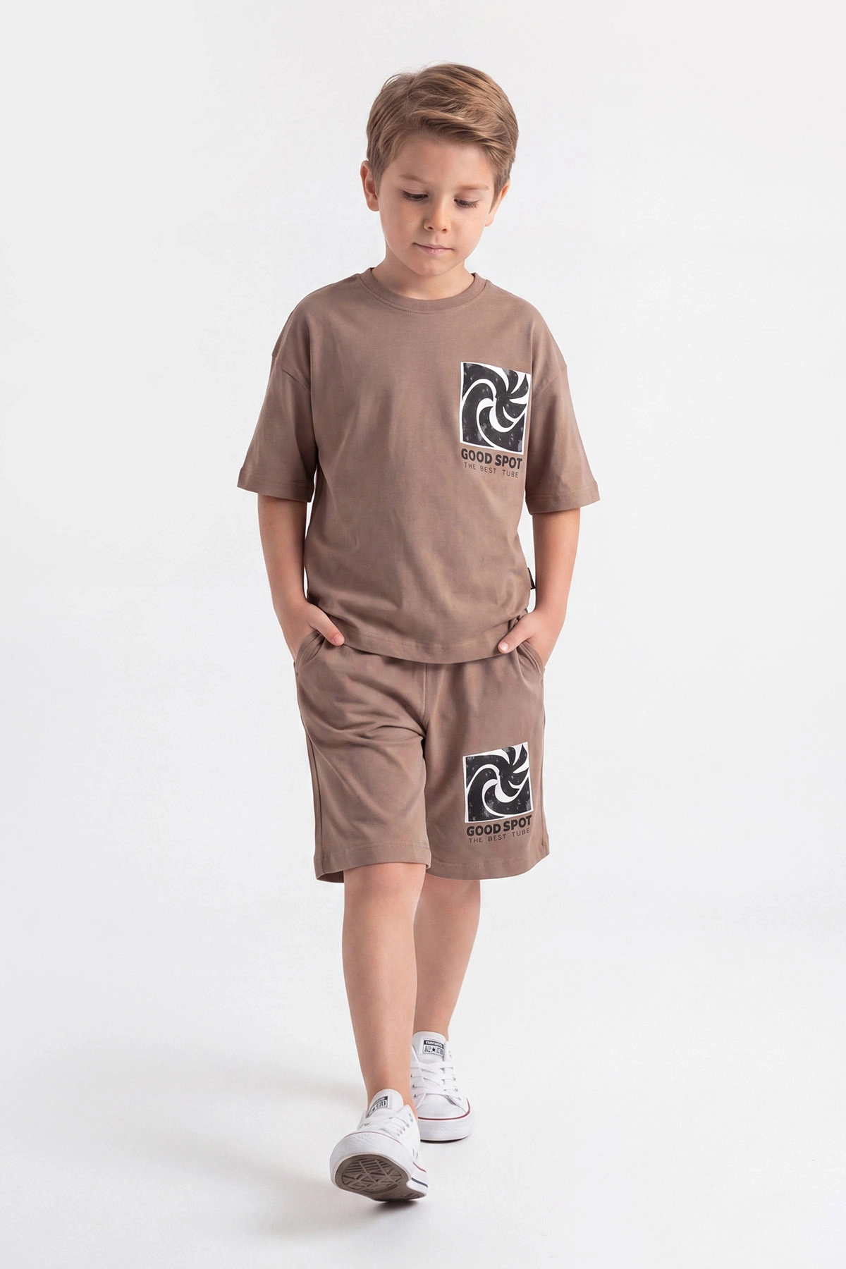 Kahve (5-12 Yaş)Ön Arka Baskılı Şortlu Erkek Çocuk Takım 462683