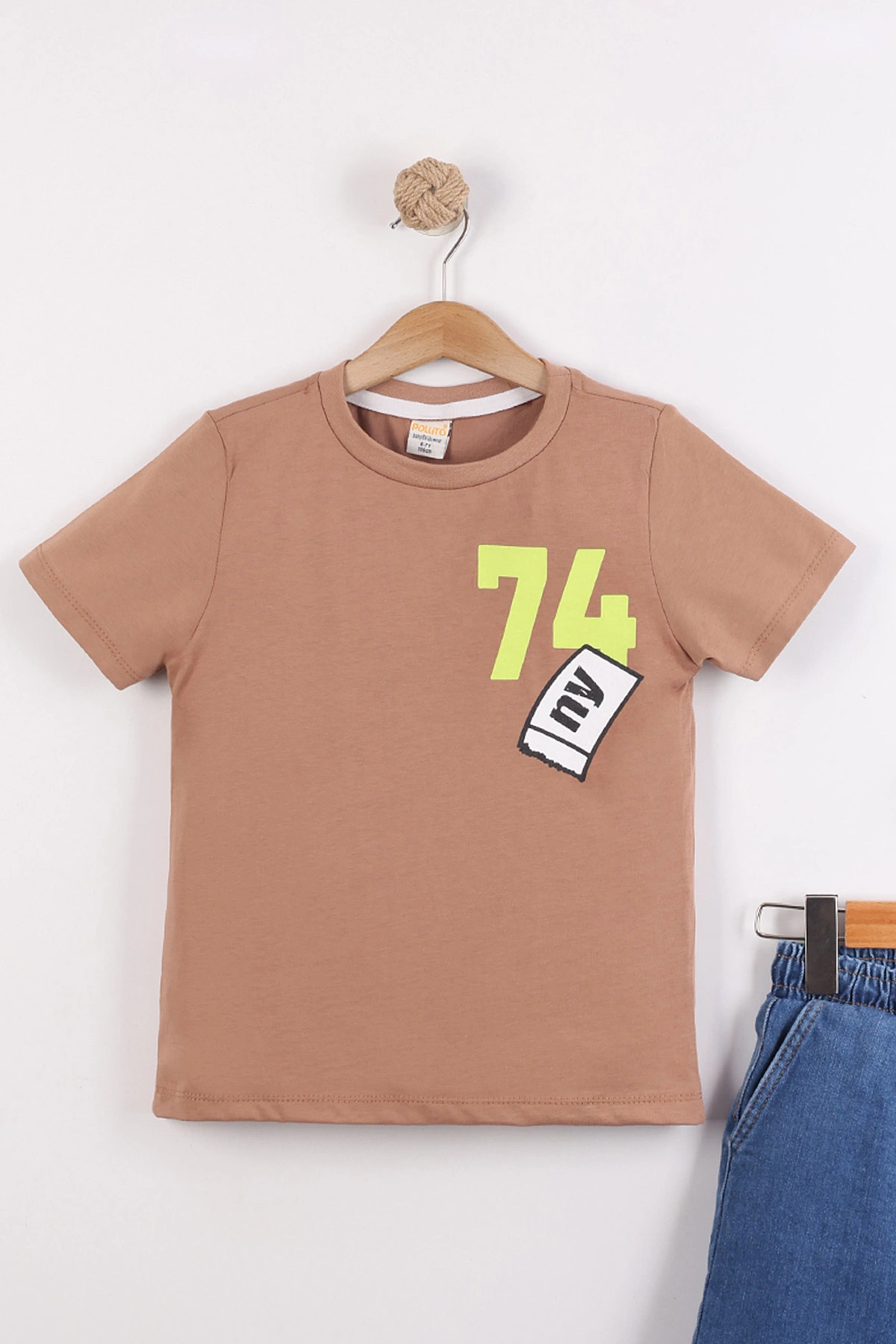Kahve (6-14 Yaş)Ön Arka Baskılı Kot Şortlu Erkek Çocuk Takım 457553
