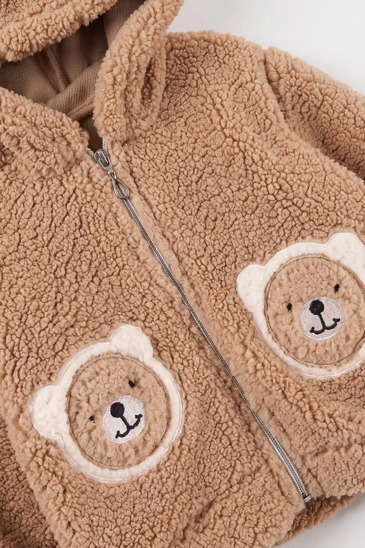 Kahve (6-18 Ay) Ayı Nakışlı Kapüşonlu Kuzu  Erkek Bebek Hırka 486868