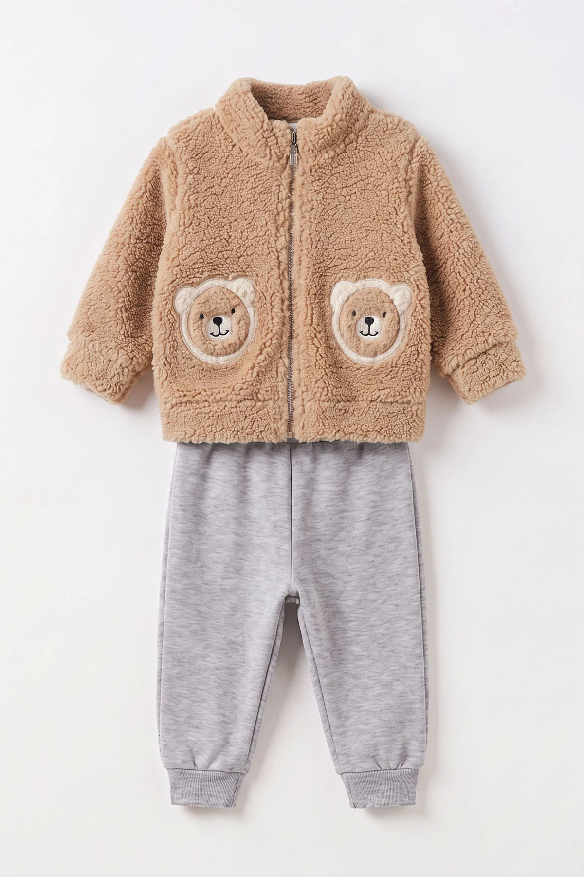 Kahve (6-18 Ay) Ayıcık Nakışlı Kuzu Sweatli Alt Şardonlu Erkek Bebek Kışlık Takım 499761