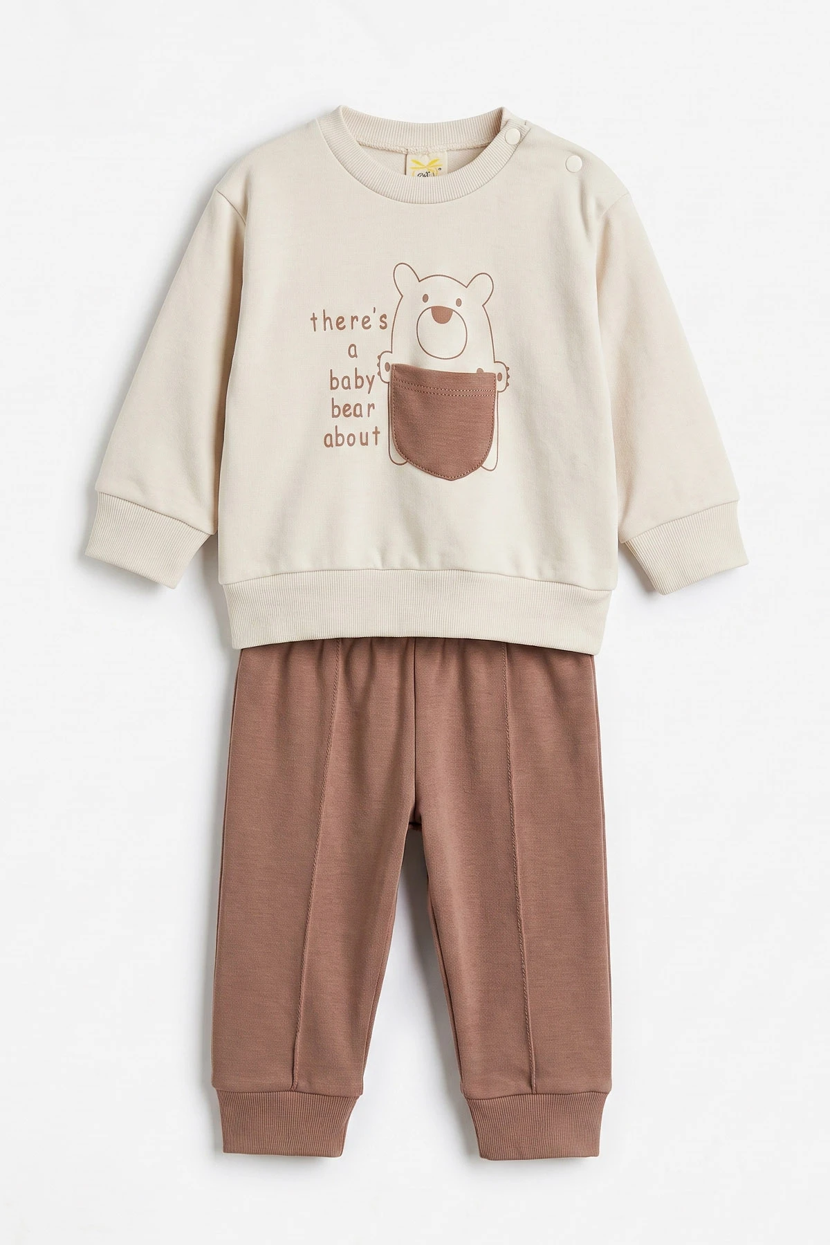 Kahve (6-18 Ay)Bear Baskılı Cep Detaylı Çıtçıtlı Çimalı Erkek Bebek Takım 477819