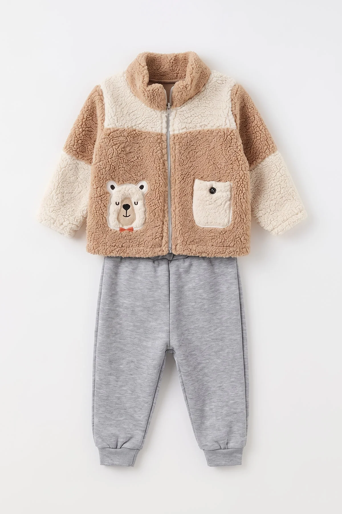 Kahve (6-18 Ay)Nakışlı Kuzu Sweatli Alt Şardonlu Erkek Bebek Kışlık Takım 499798