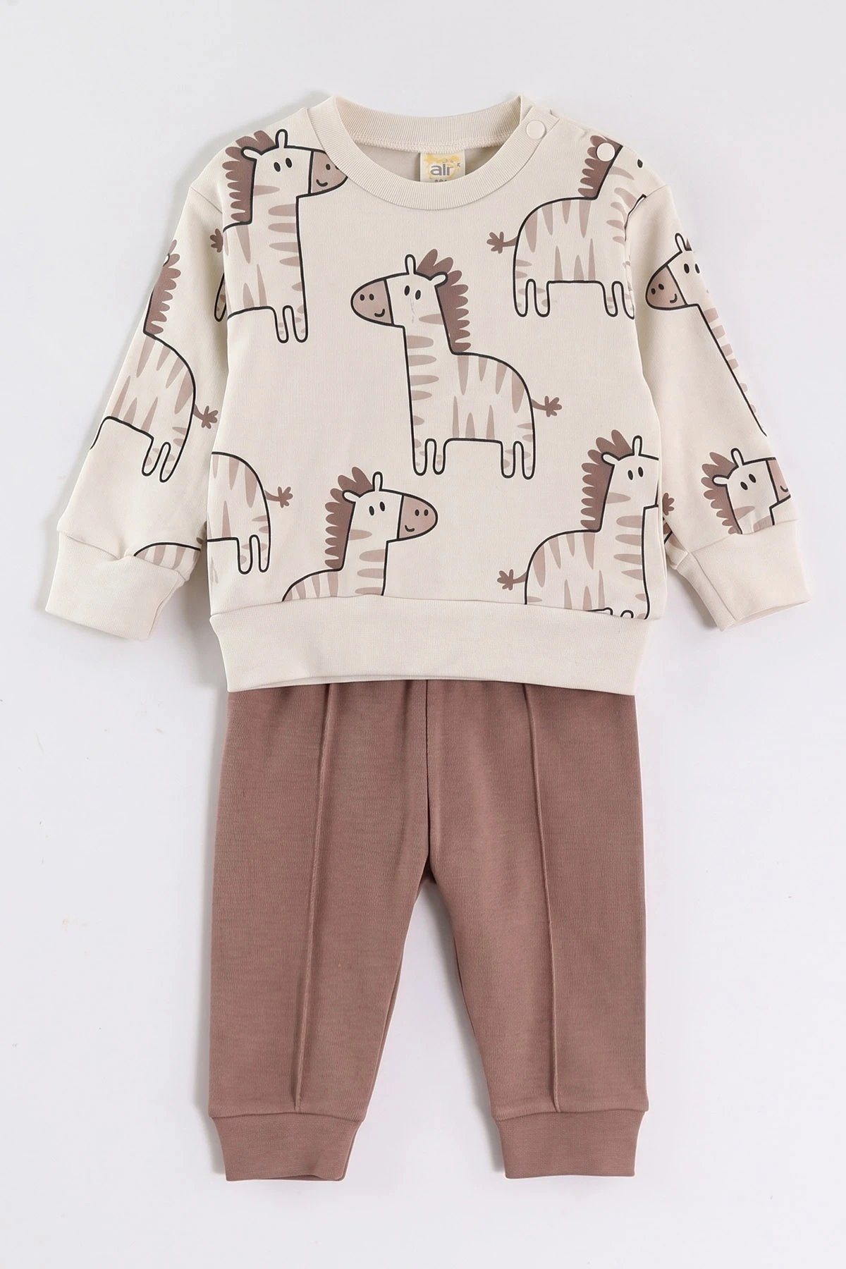 Kahve (6-18 Ay)Zürafa Baskılı Çıtçıtlı Çimalı Erkek Bebek Takım 477645